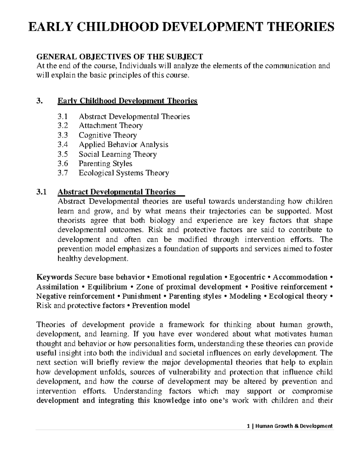 03.HG Theories of Child Behavior - GENERAL OBJECTIVES OF THE SUBJECT At ...
