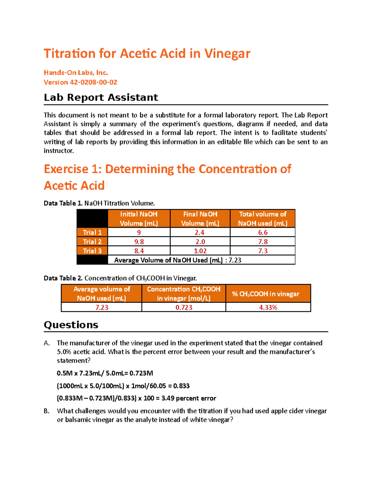 Titration for Acetic Acid in Vinegar Titration for Acetic Acid in