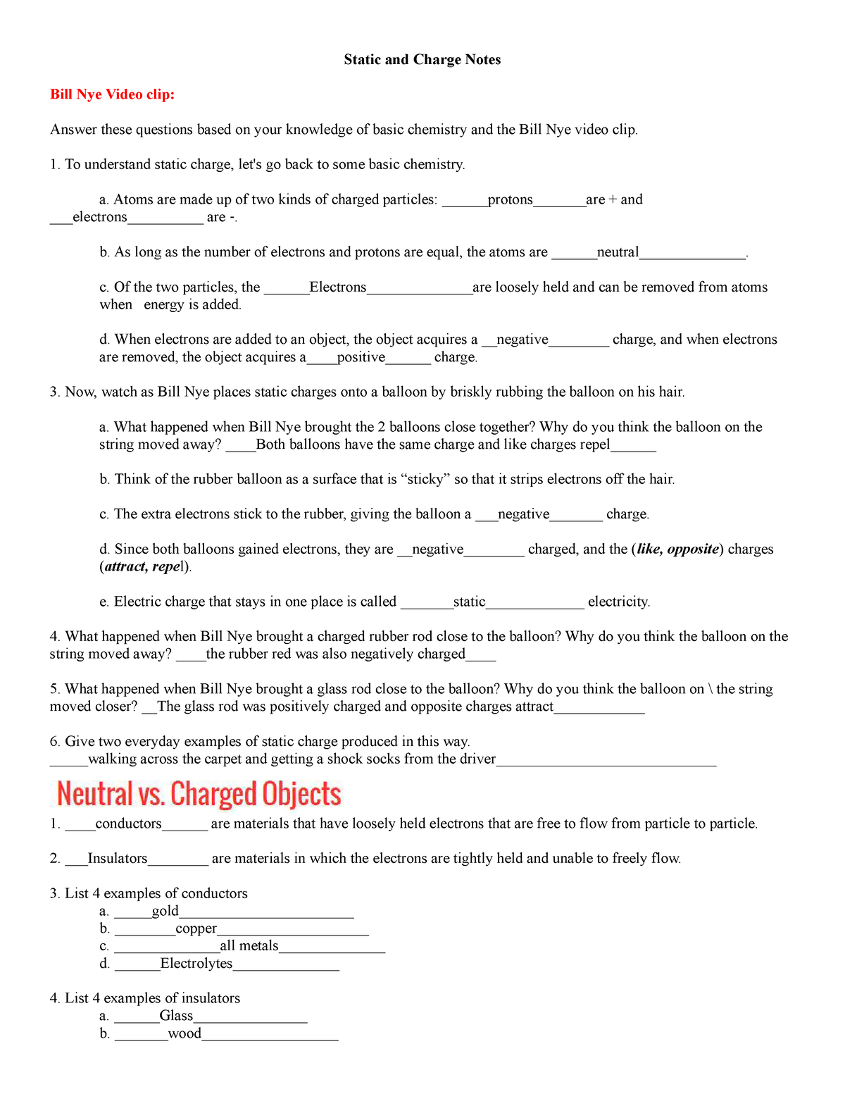 Copy of The Nature of Charge Static and Charge Notes - Static and In Bill Nye Static Electricity Worksheet