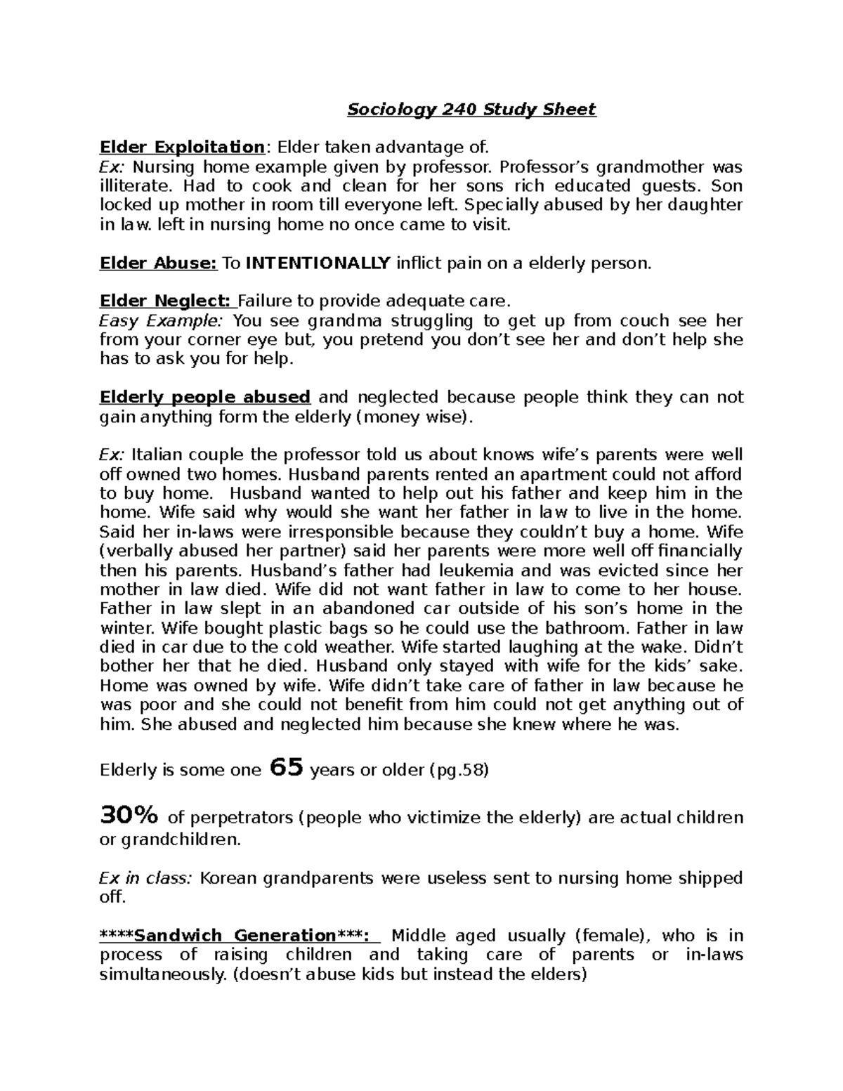 Sociology 240 Study Sheet Sociology 240 Study Sheet Elder