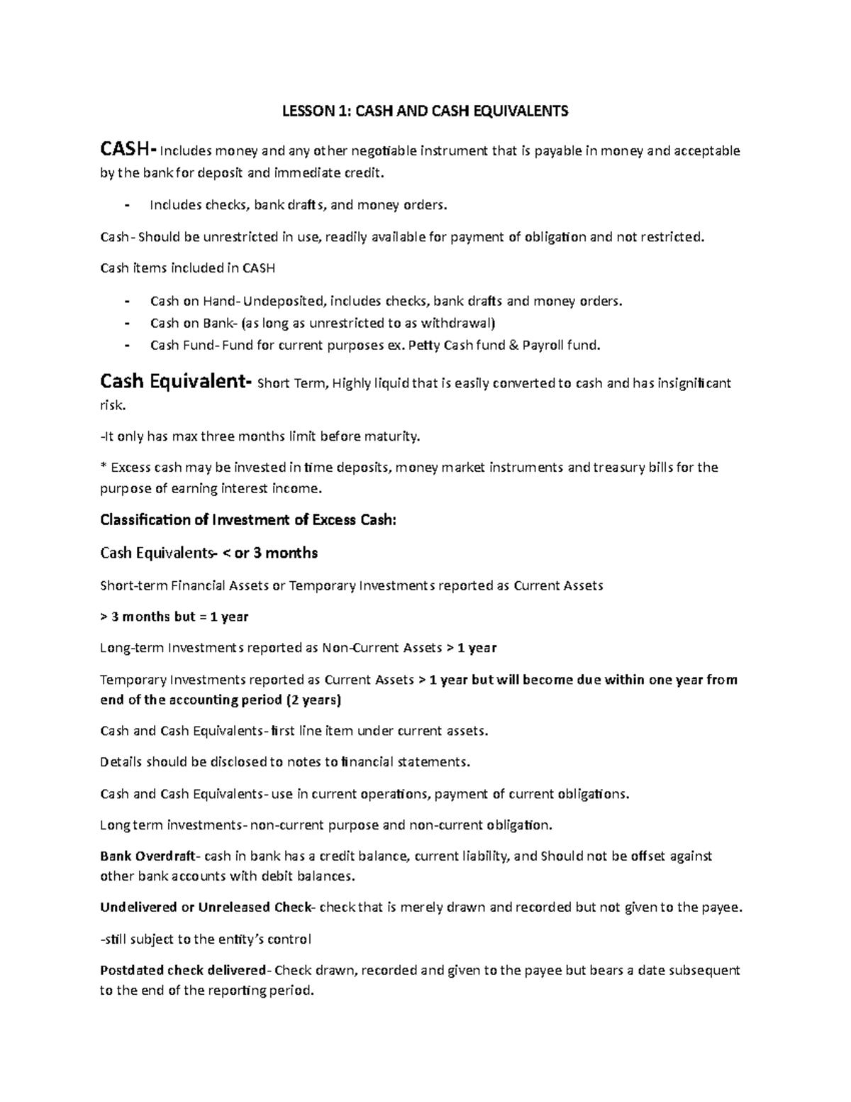 Lesson 1 CASH AND CASH EQUI LESSON 1 CASH AND CASH EQUIVALENTS CASH