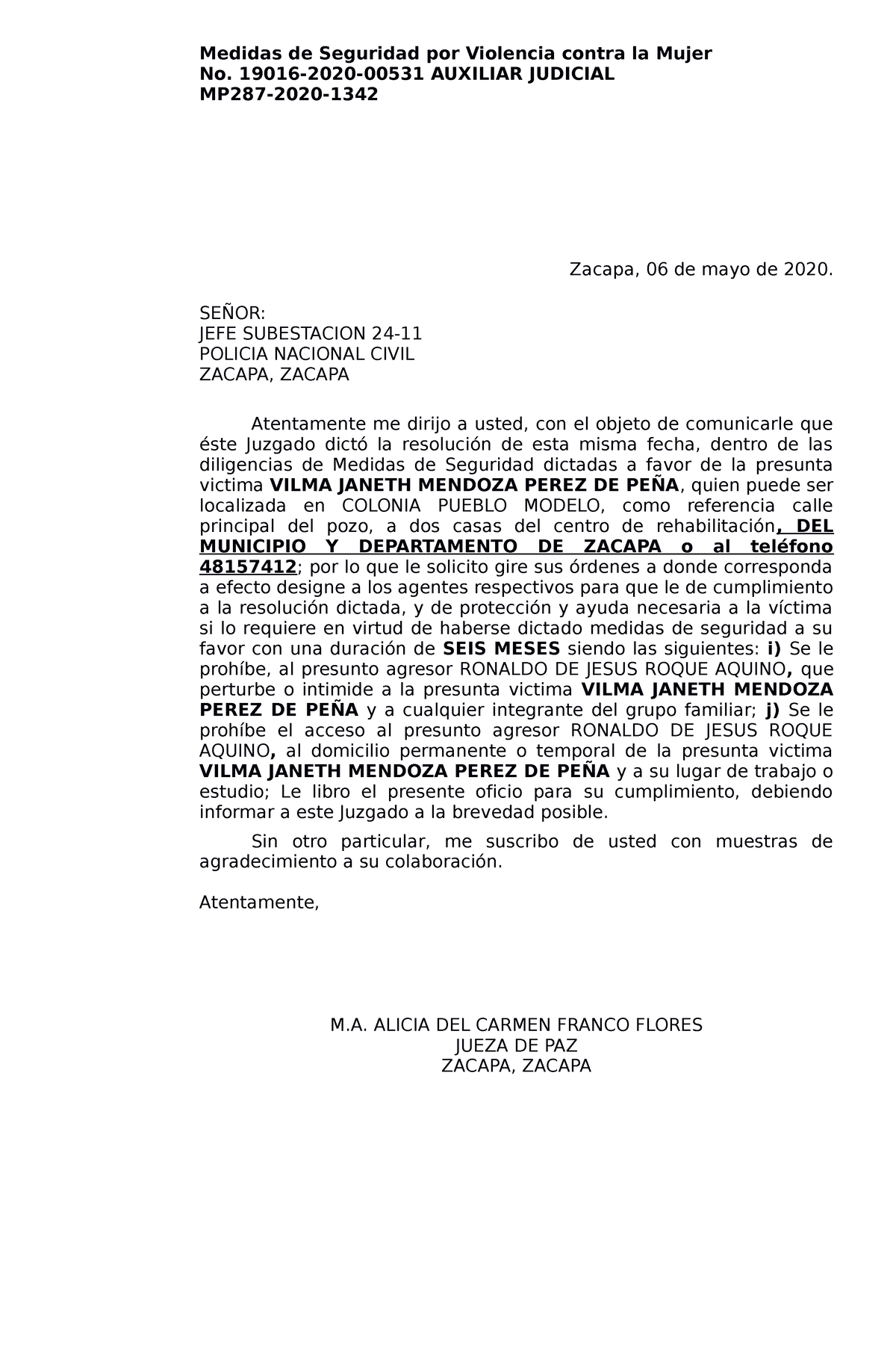 Oficio Medidas De Seguridad 19016 2020 00531 Interiano Medidas De Seguridad Por Violencia 1717