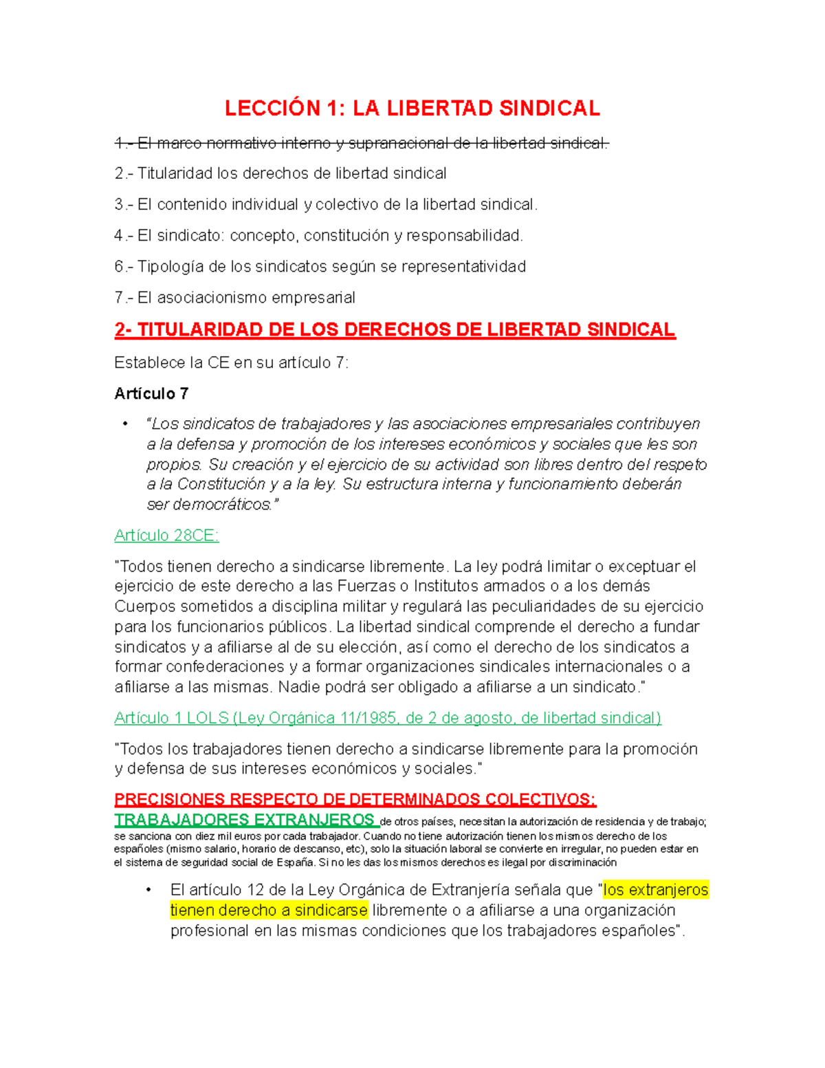 Lección 1 Libertad Sindical - LECCIÓN 1: LA LIBERTAD SINDICAL 1.- El ...