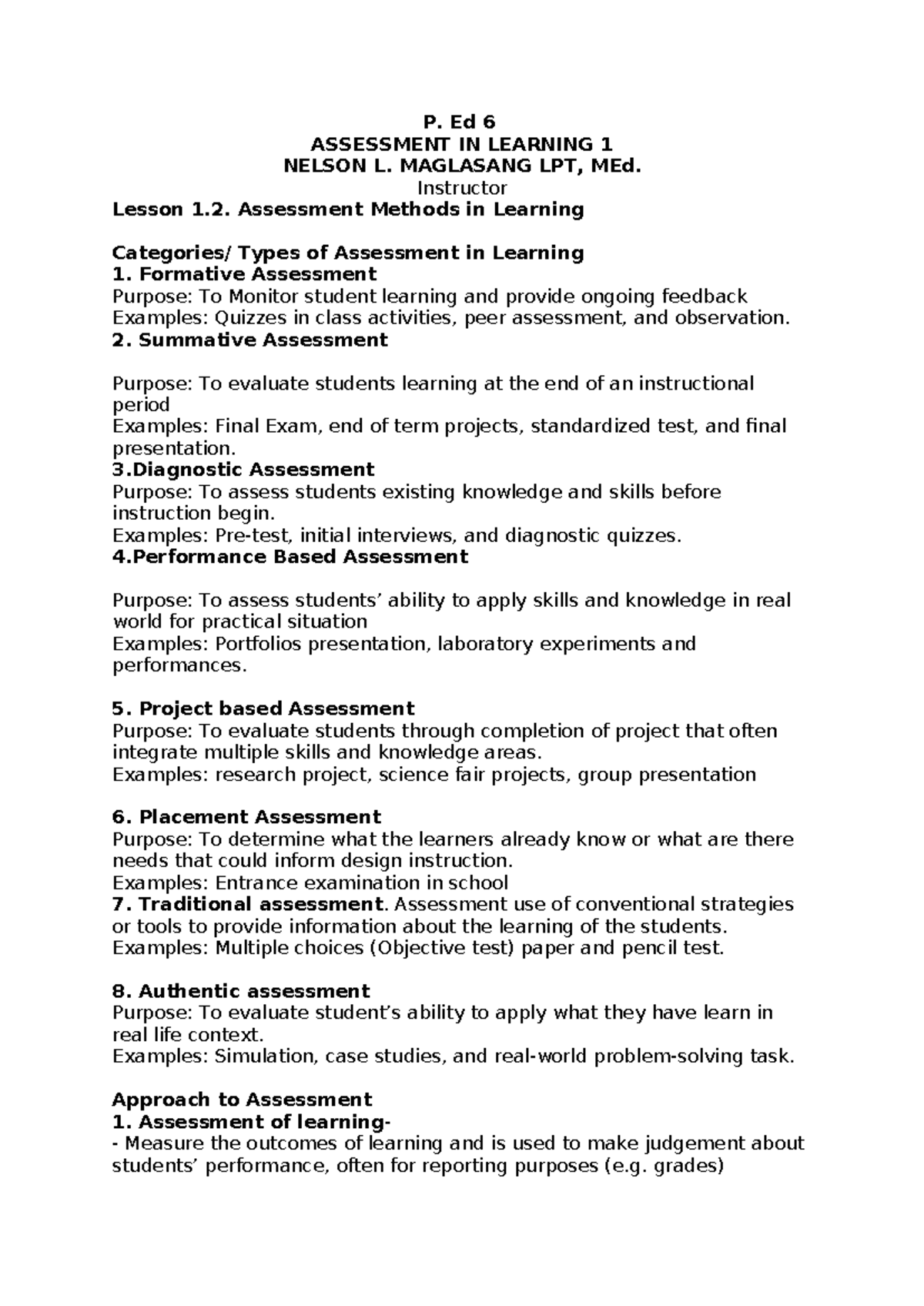 Lesson 1 - For references - P. Ed 6 ASSESSMENT IN LEARNING 1 NELSON L ...