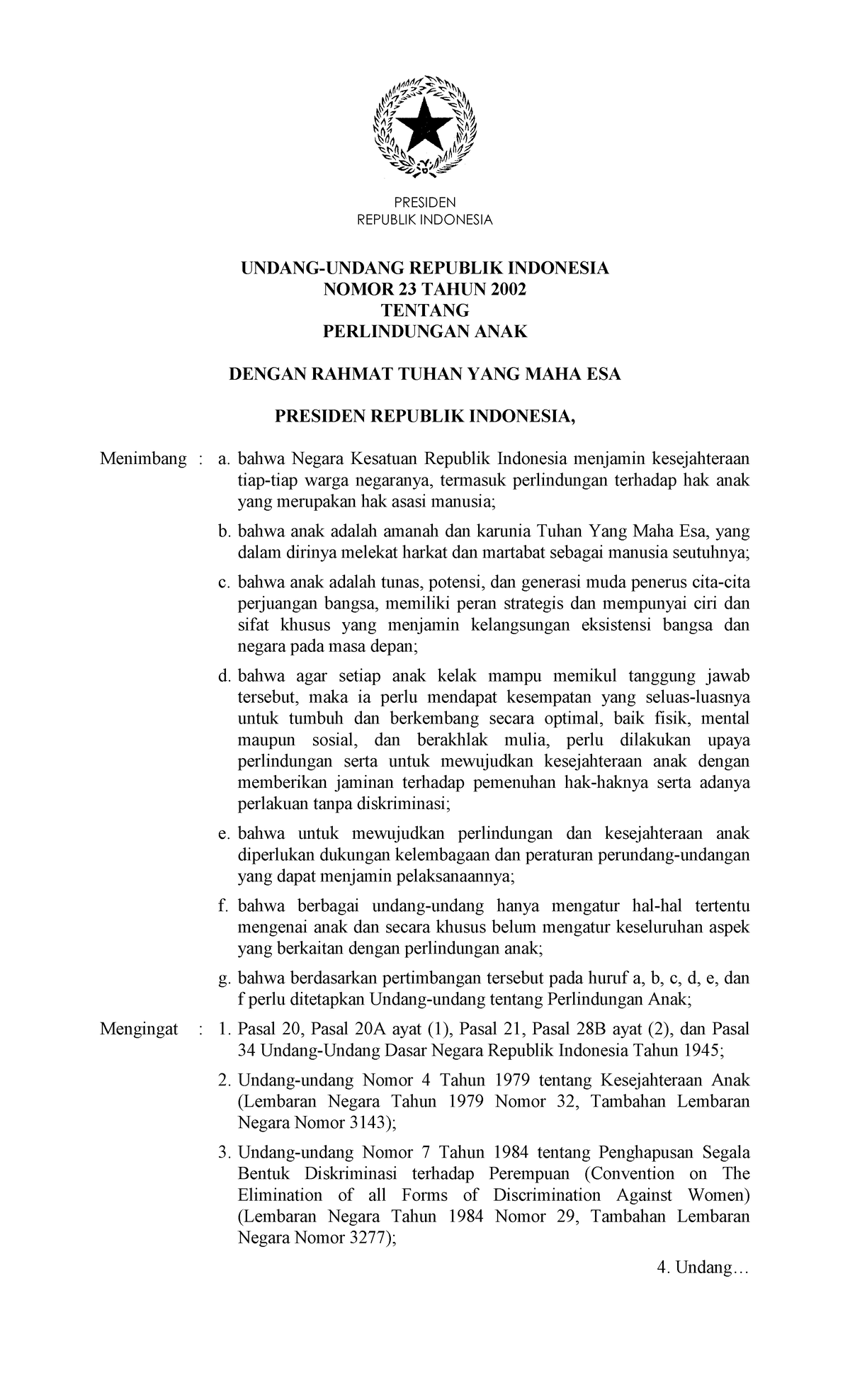 UU Nomor 23 Tahun 2002 - PERATURAN - REPUBLIK INDONESIA UNDANG-UNDANG ...