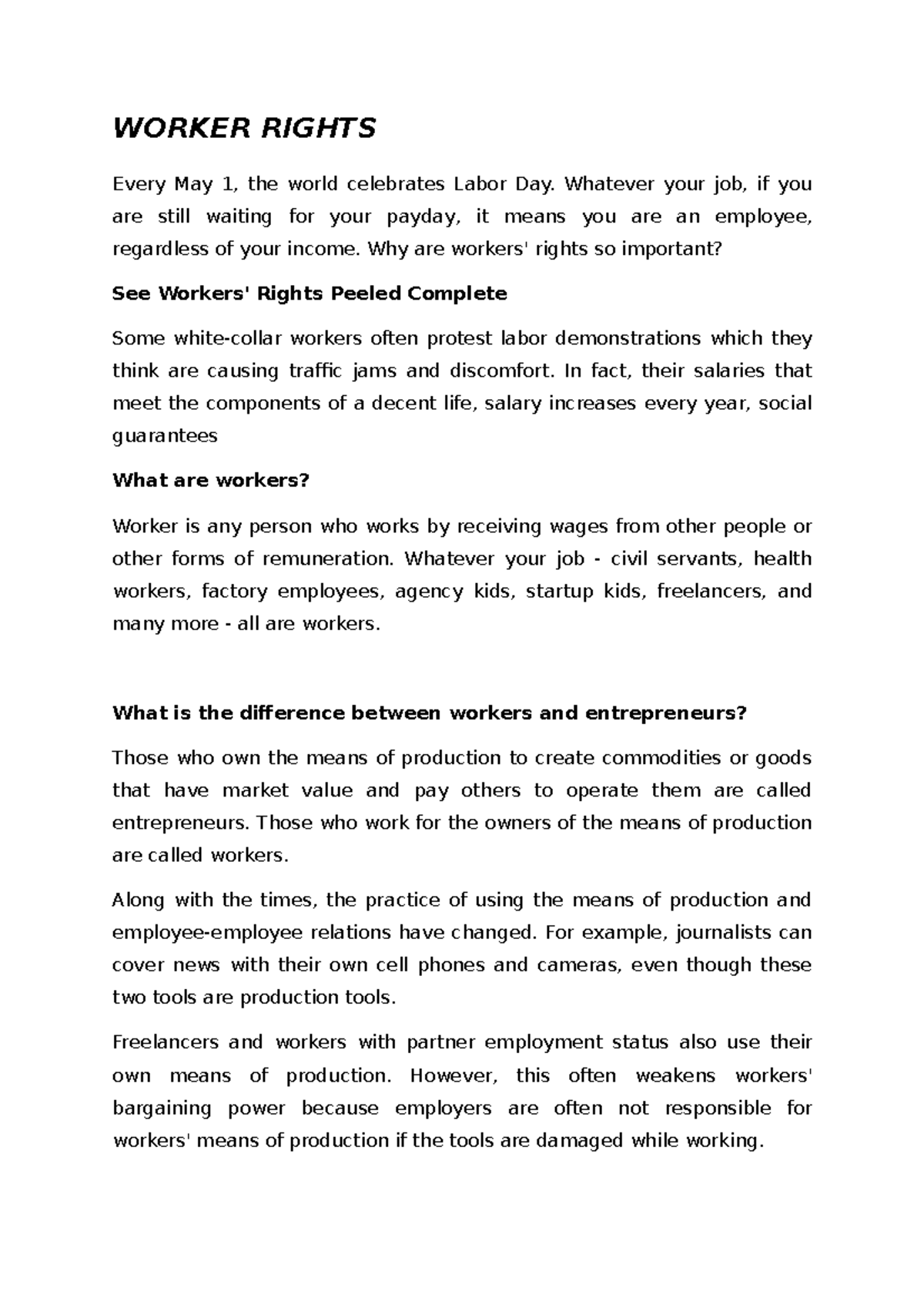Worker Rights 1 Bussiness Management - WORKER RIGHTS Every May 1, the ...