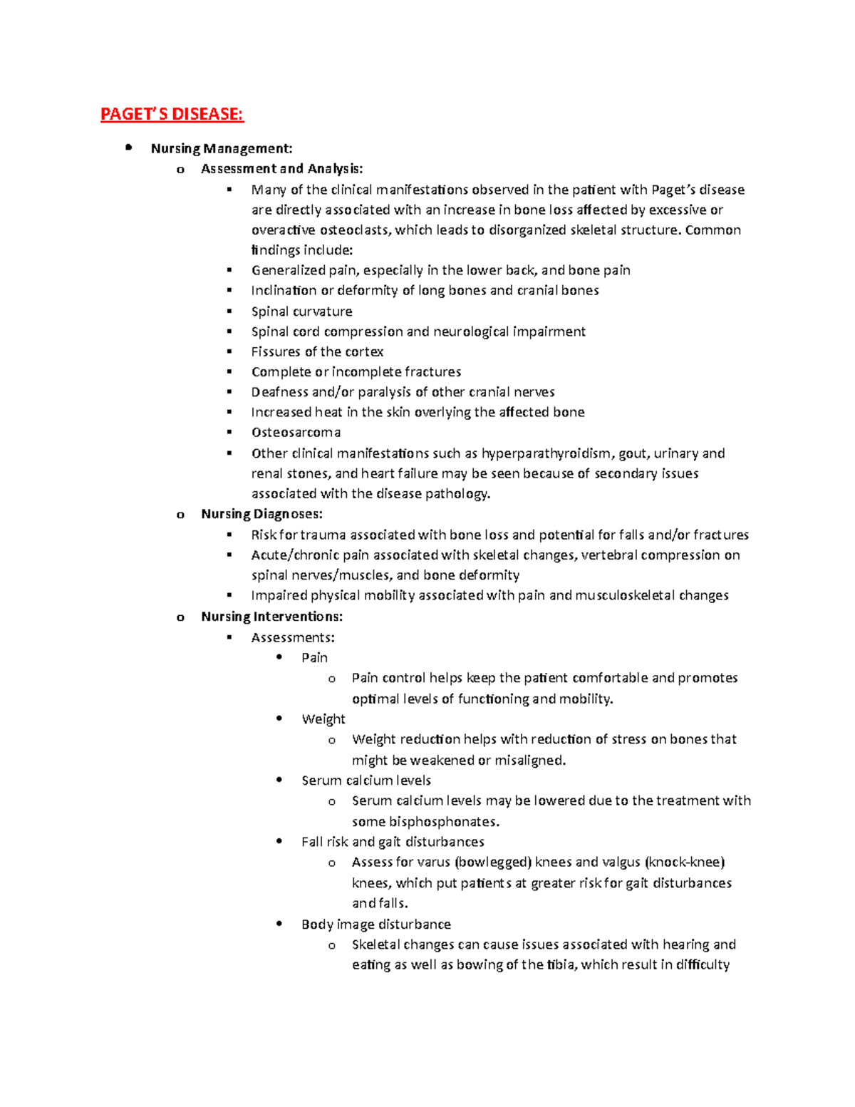 Final pt 1 PAGET’S DISEASE Nursing Management o Assessment and