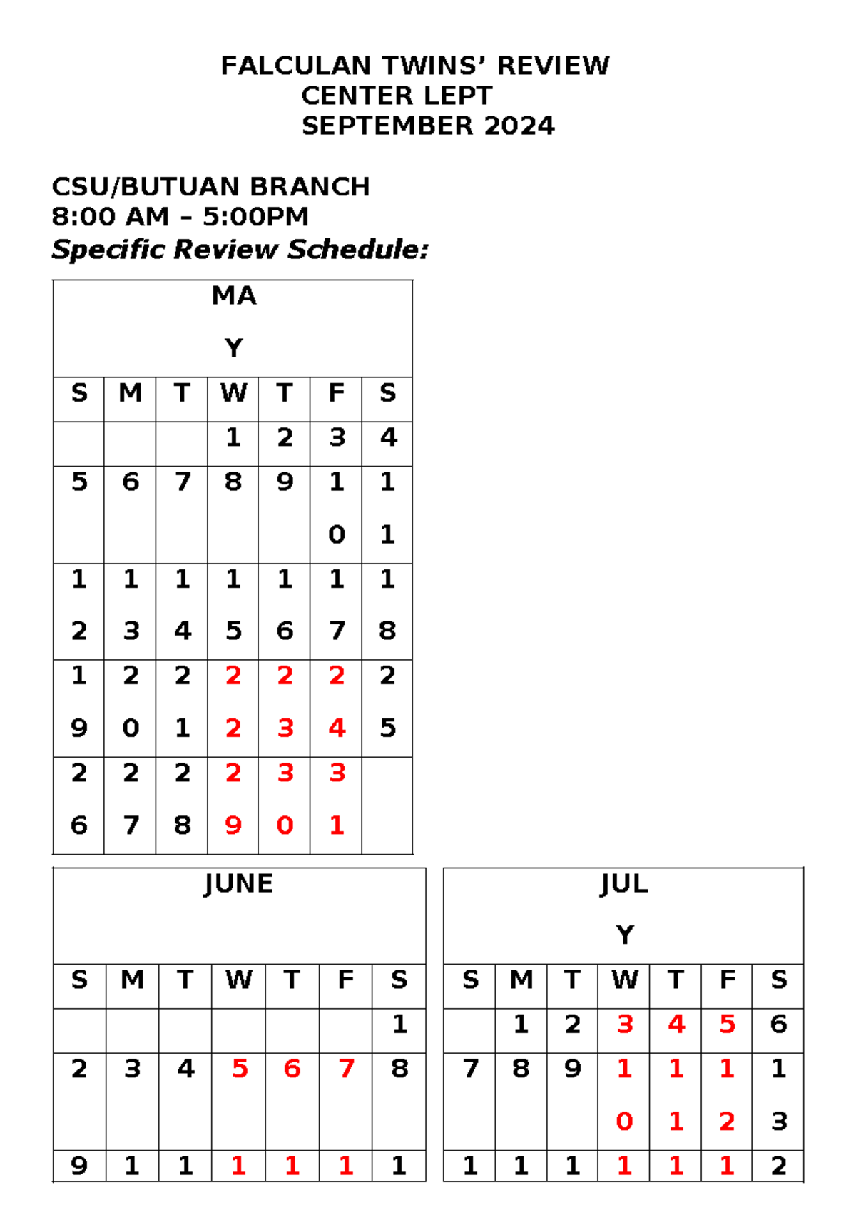 FTRC Specific Review Schedule - FALCULAN TWINS’ REVIEW CSU/BUTUAN ...