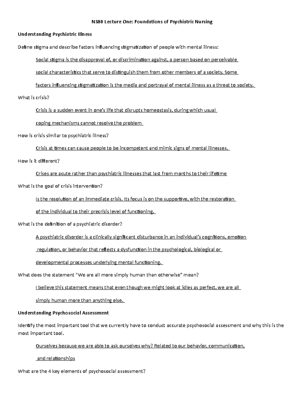Psychosocial Assessment Study Guide - N380 Lecture One: Foundaions of ...