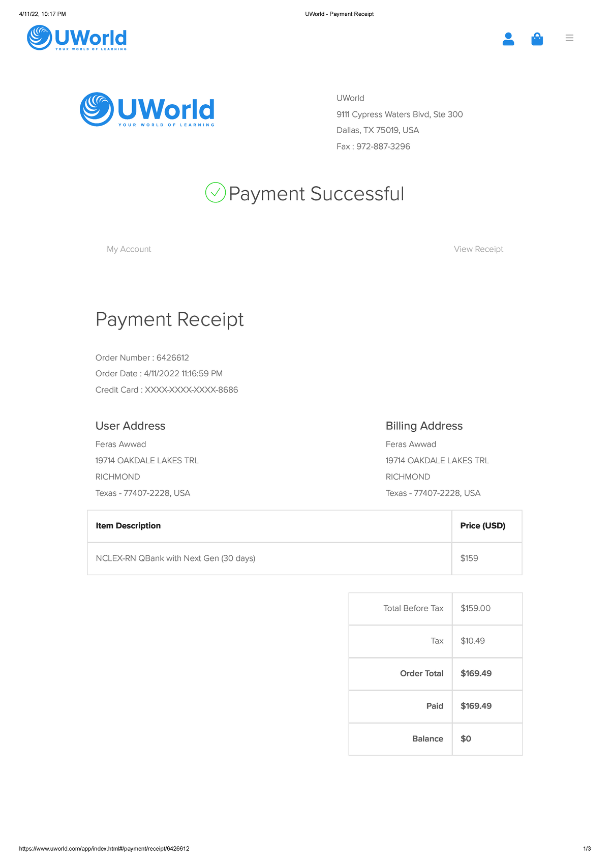 UWorld Payment Receipt 4/11/22, 1017 PM UWorld Payment Receipt