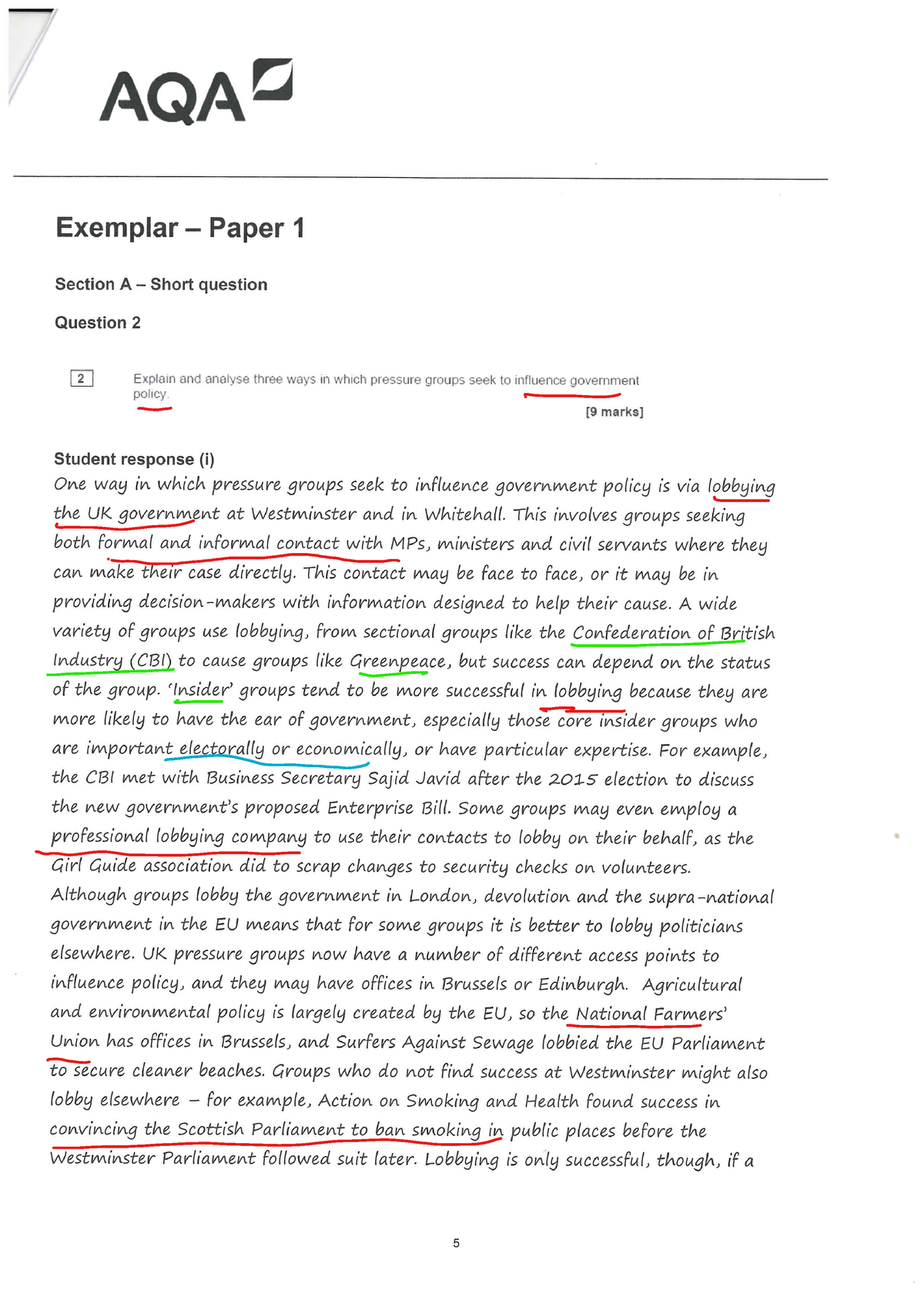 9 mark exemplar - 9 mark example answer for a level politics- govt UK ...