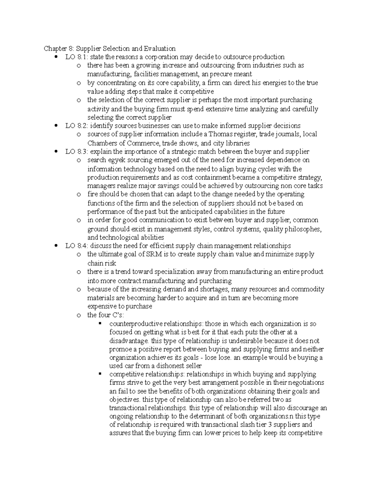 4261 Exam 2 Review - Chapter 8: Supplier Selection and Evaluation LO 8 ...