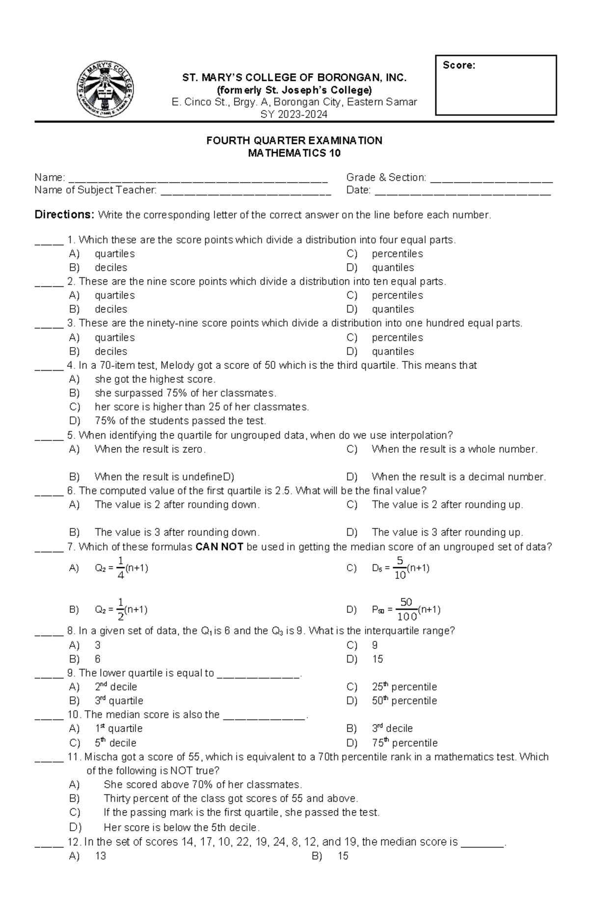 Mathematics Grade 10 4th Quarter - ST. MARY’S COLLEGE OF BORONGAN, INC ...