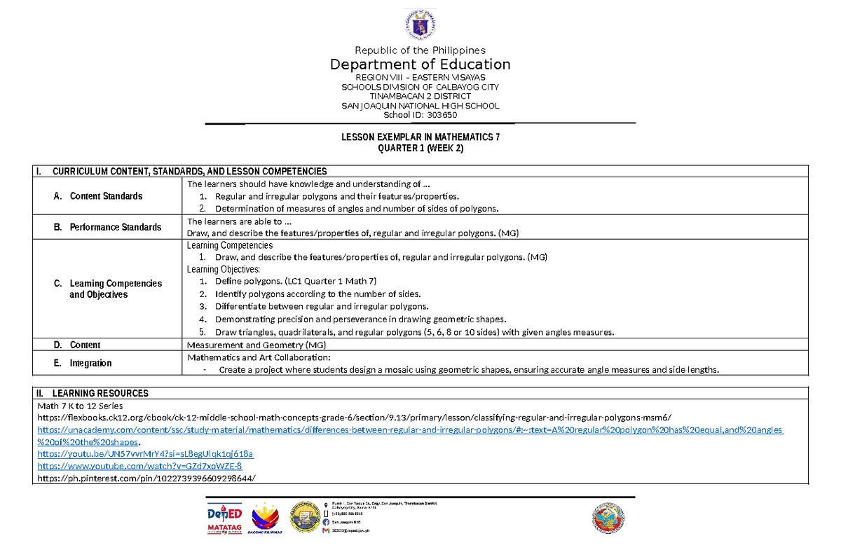 WEEK 2 G7 Matatag Lesson Exemplar Mathematics 7 - Copy - Republic of ...
