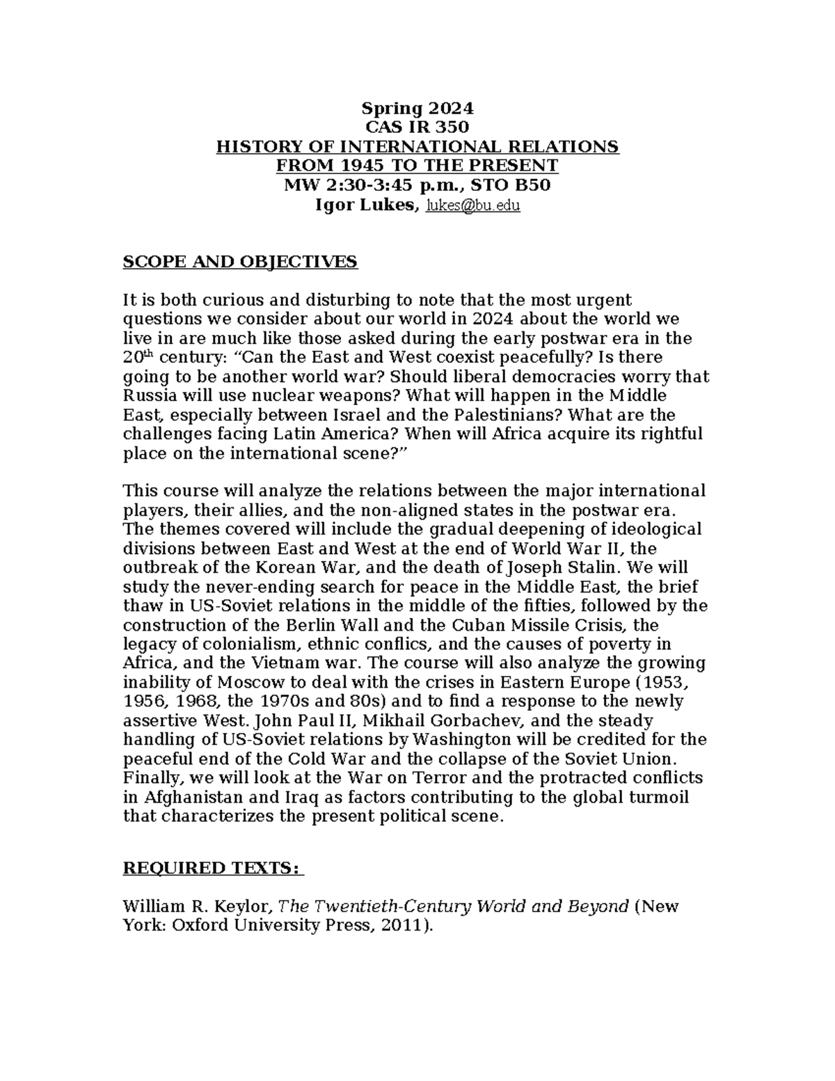 Finals Study Guide - Spring 2024 CAS IR 350 HISTORY OF INTERNATIONAL ...