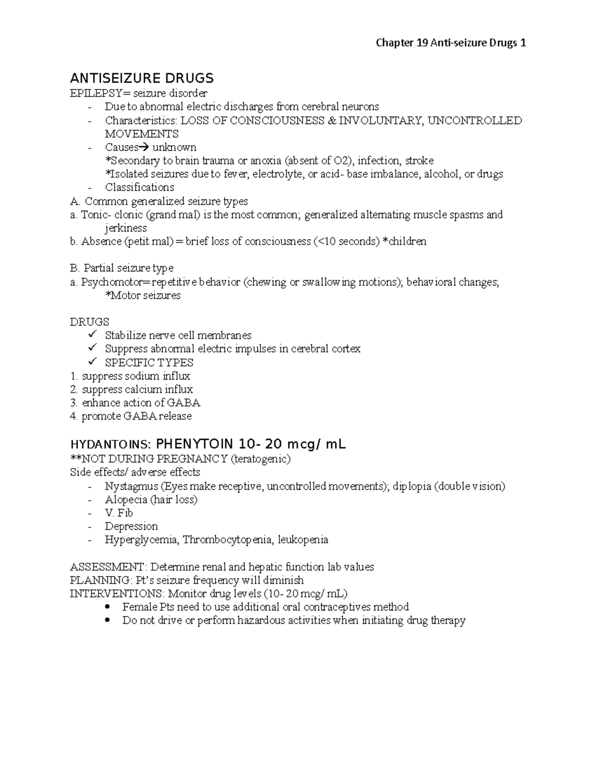 Chapter 19 Anti- Seizure Drugs - ANTISEIZURE DRUGS EPILEPSY= Seizure ...