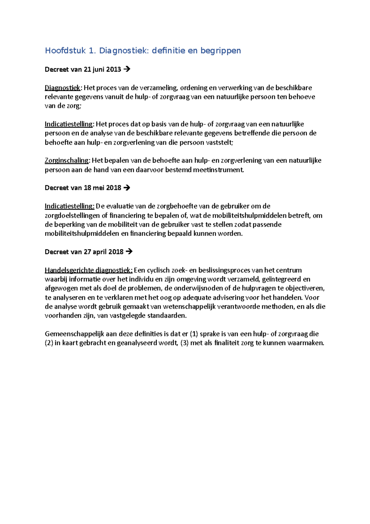 Samenvatting Hfd1-2-3 - Hoofdstuk 1. Diagnostiek: Definitie En ...