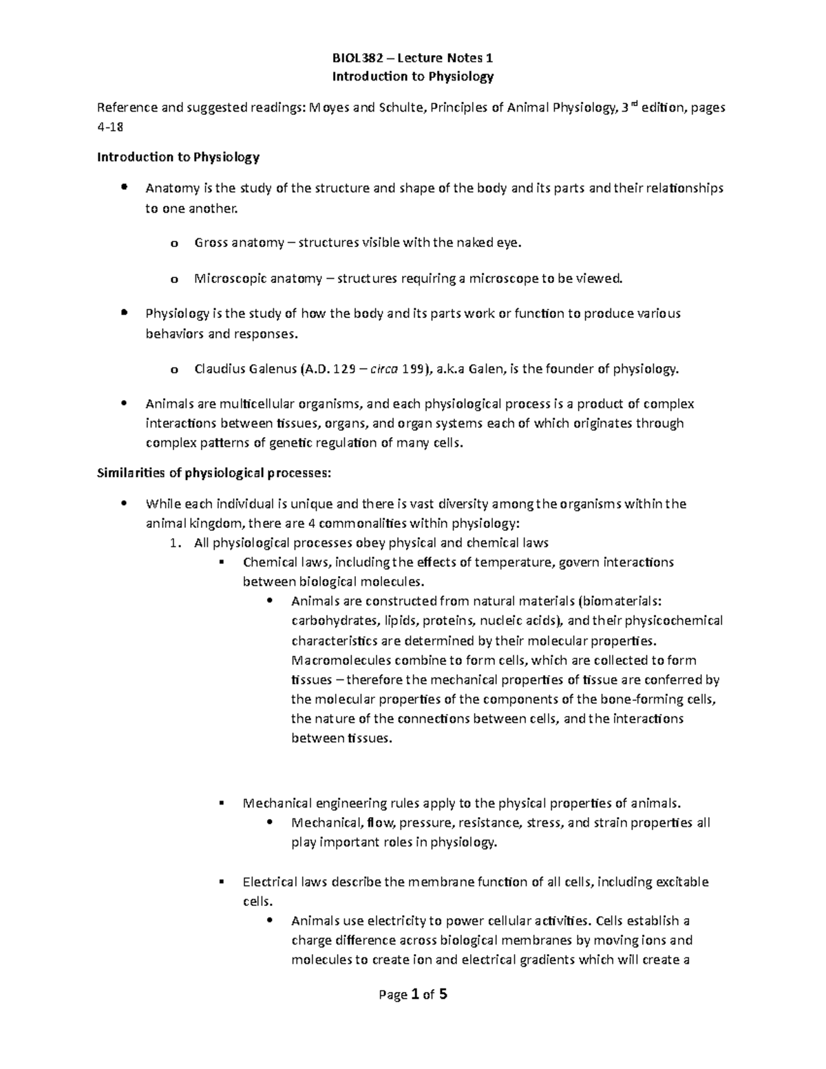 BIOL382 Lecture Notes 1 - Introduction to Physiology - Introduction to ...