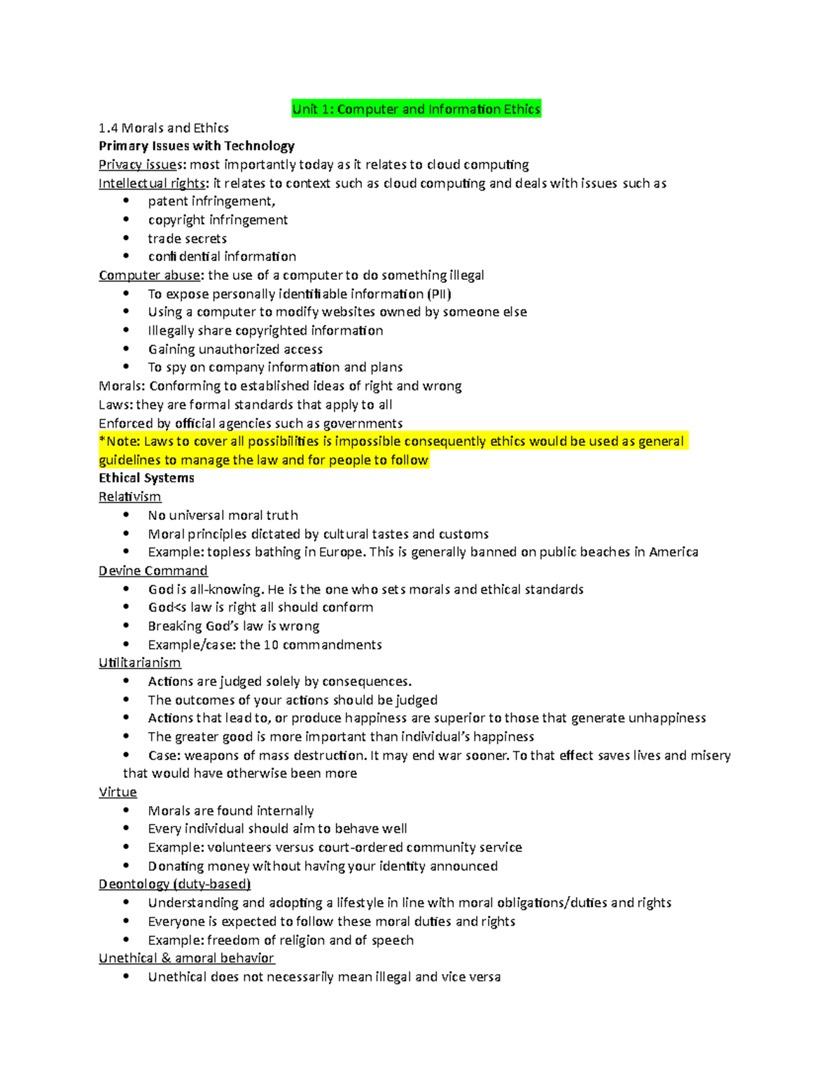 BTM unit note 1 - Lecture notes Lecture 1, unit 1 - Unit 1: Computer ...