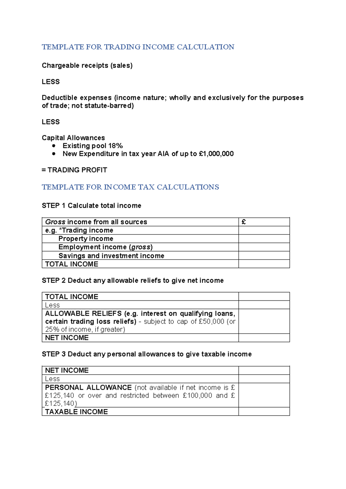 Template FOR Trading Income Calculation - TEMPLATE FOR TRADING INCOME ...