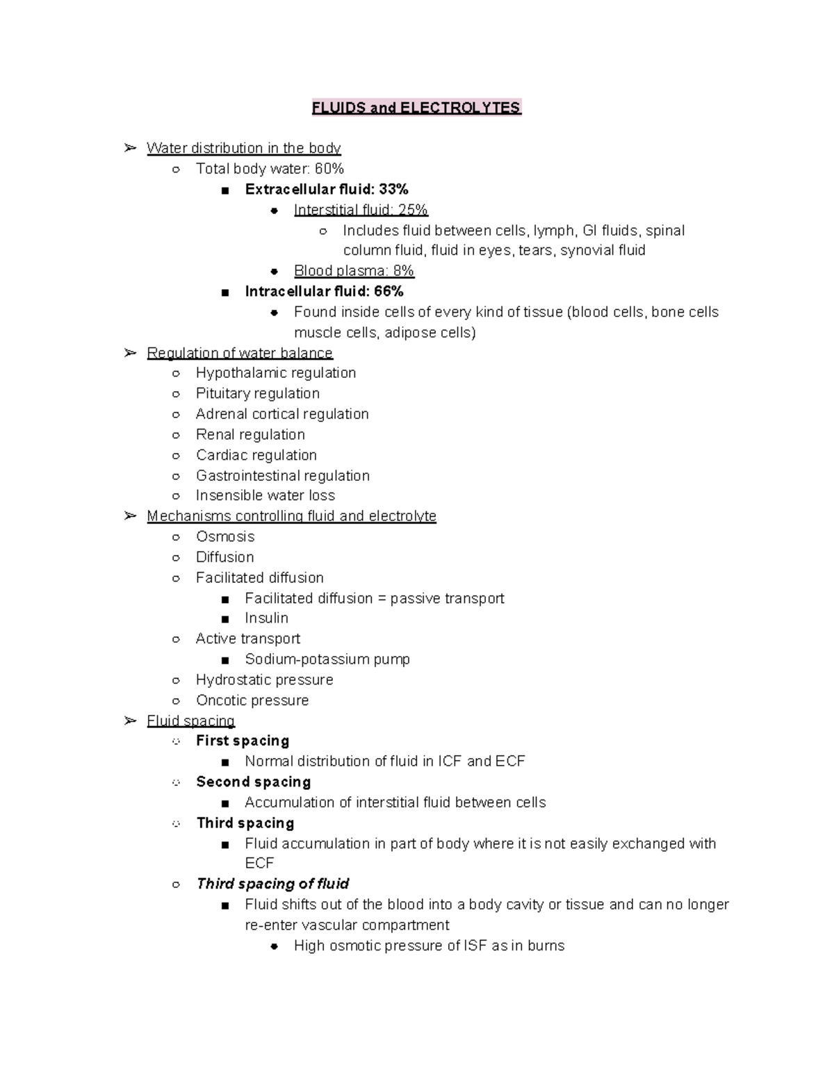 Patho exam 3 - exam notes - FLUIDS and ELECTROLYTES Water distribution ...