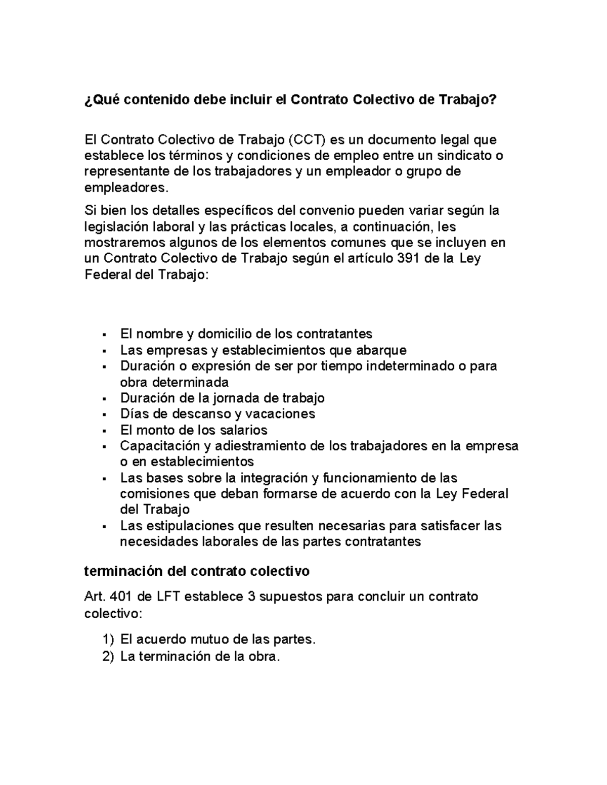 Contenido y terminacion de el Contrato Colectivo de Trabajo - ¿Qué ...