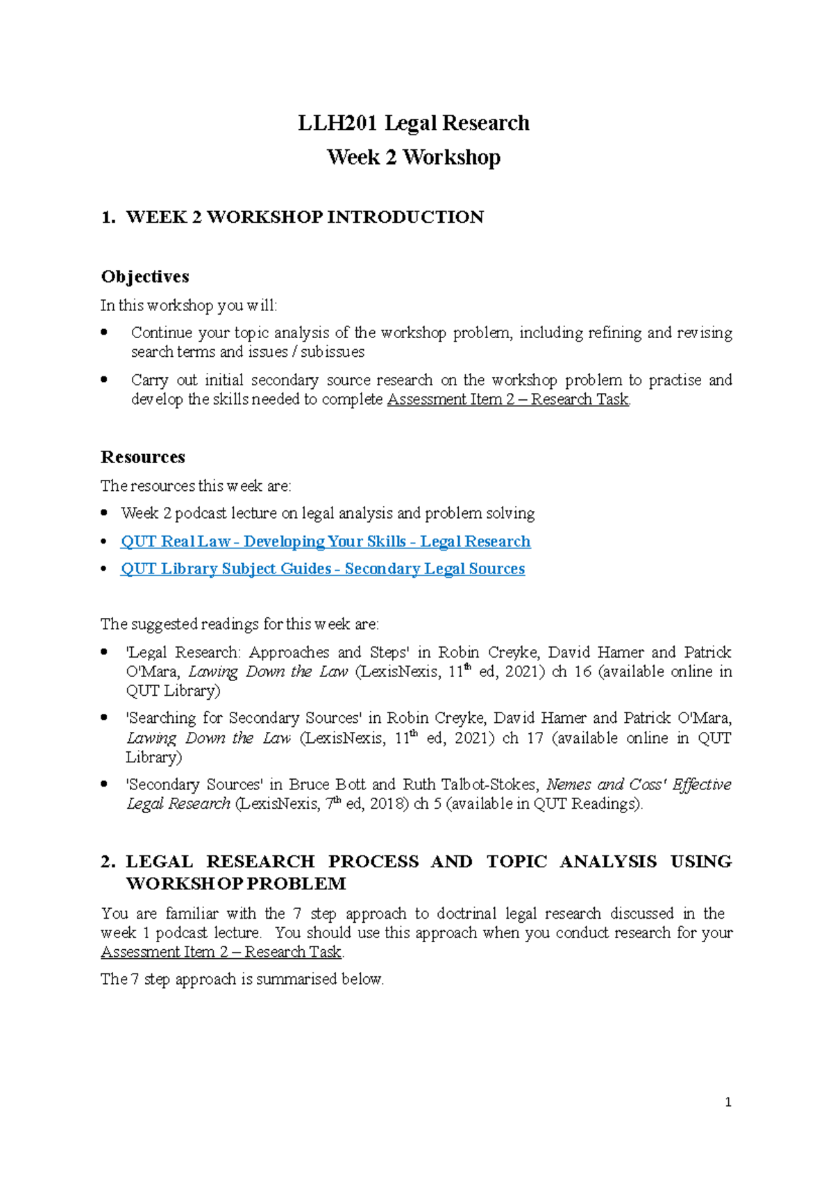 2 LLH201 Legal Research - Week 2 Workbook - Sem 1 2021 - LLH201 Legal ...