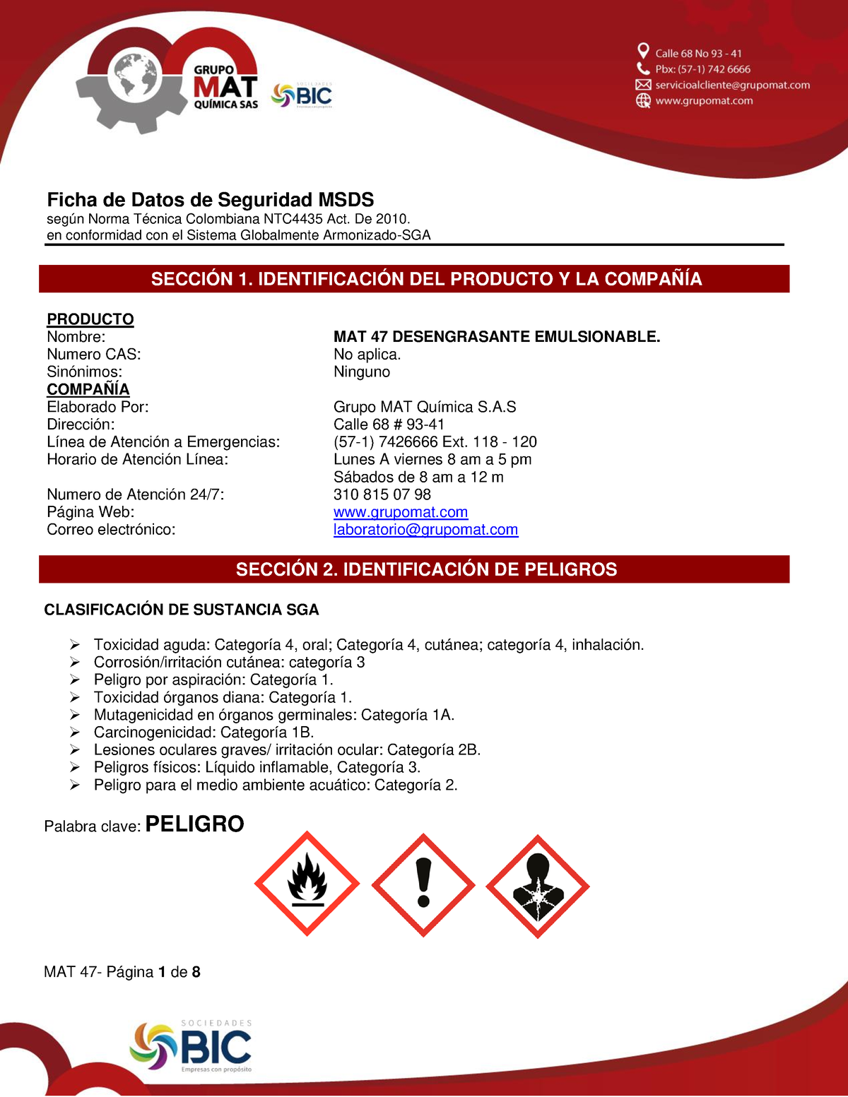 Ficha De Seguridad Mat 47 Ficha De Datos De Seguridad Msds Según Norma Técnica Colombiana 9544