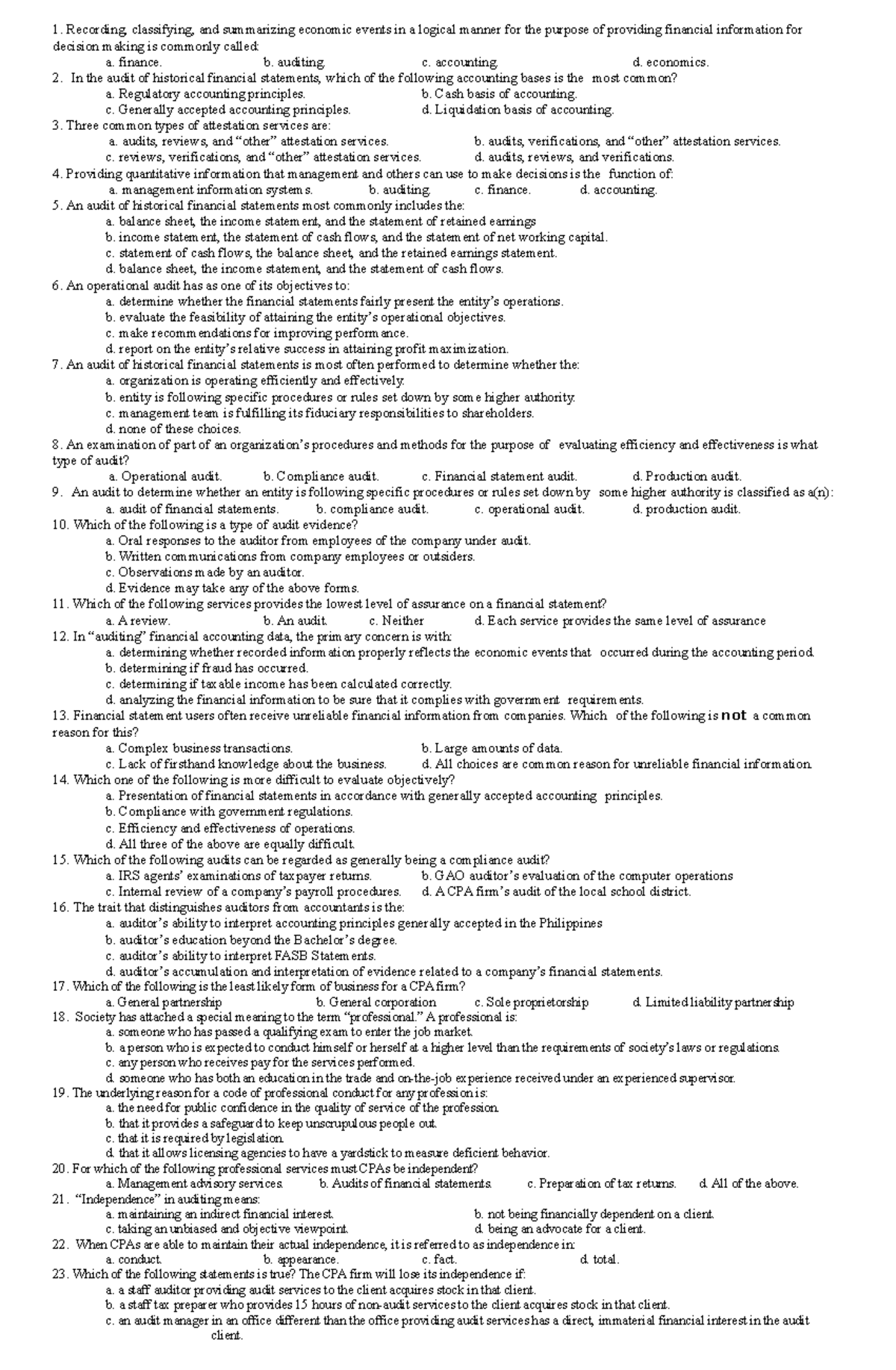 Auditing Theory - Quiz No. 2 - 1. Recording, classifying, and ...