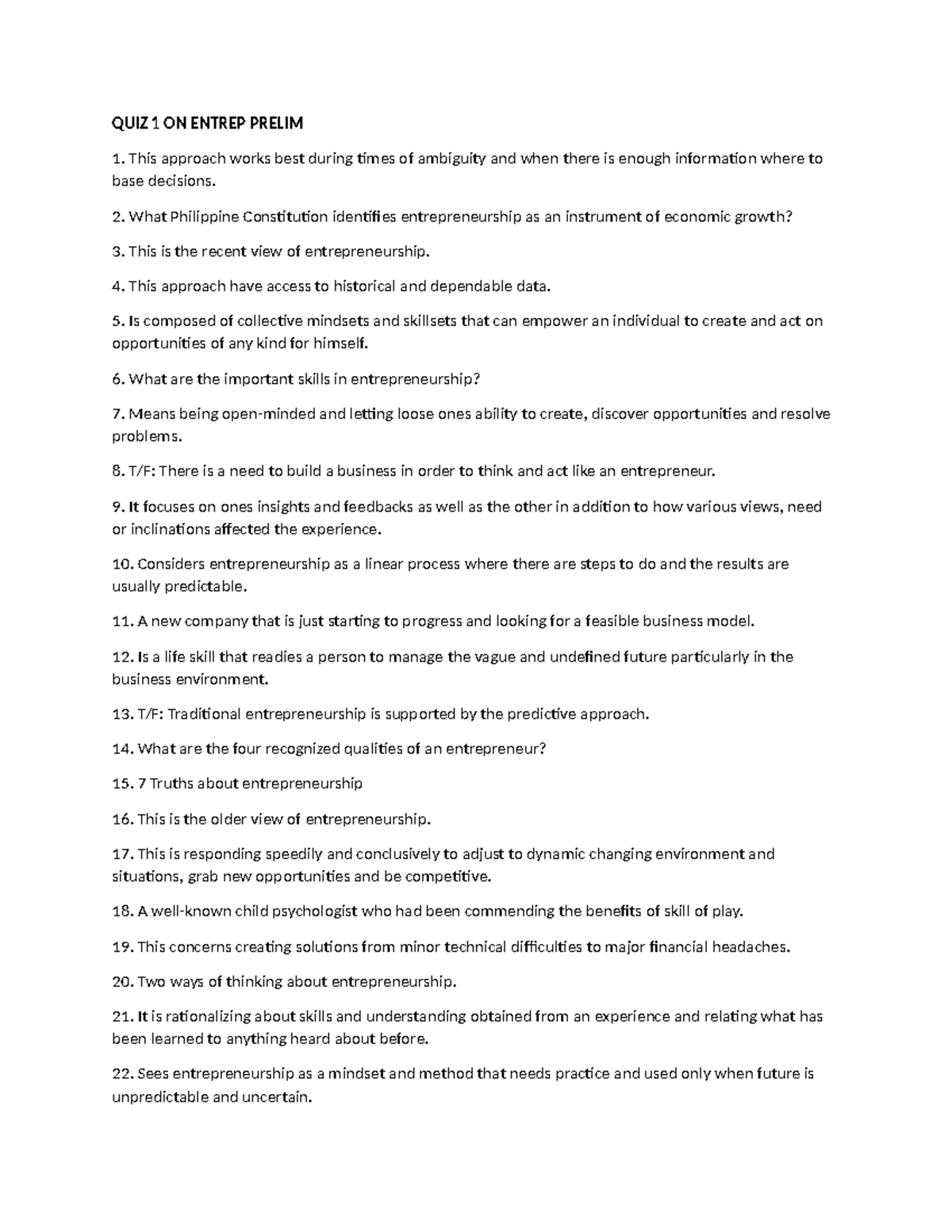 QUIZ 1 ON Entrep Prelim - ================= - QUIZ 1 ON ENTREP PRELIM ...