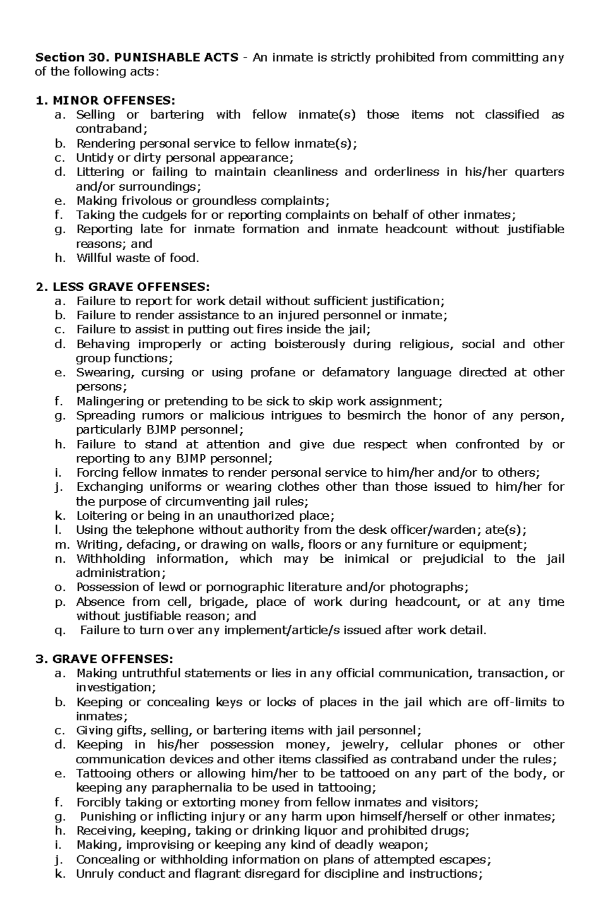 BJMP Section 30 Punishable ACTS - Section 30. PUNISHABLE ACTS - An ...