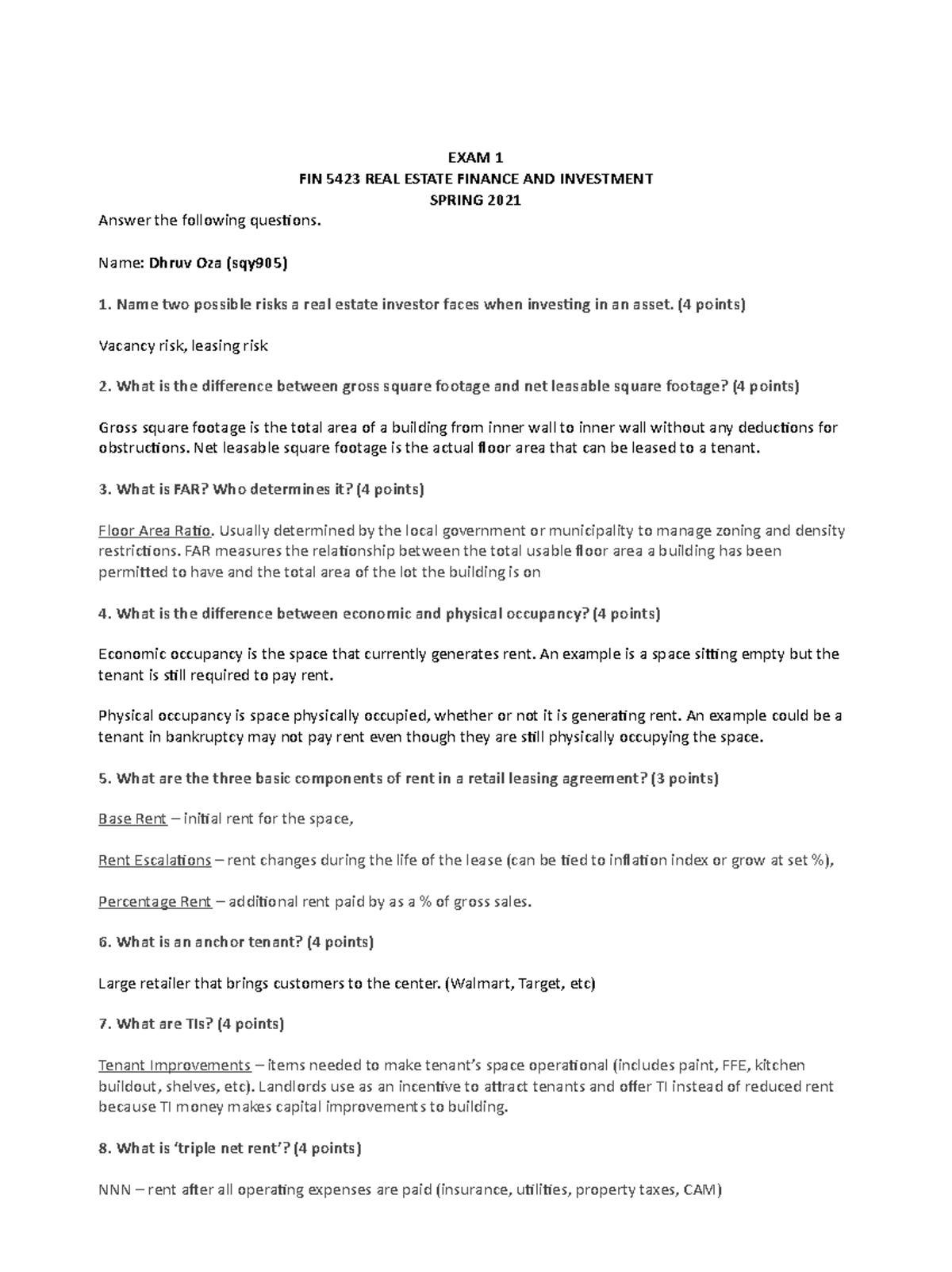 EXAM 1_ Real Estate financial and investment EXAM 1 FIN 5423 REAL