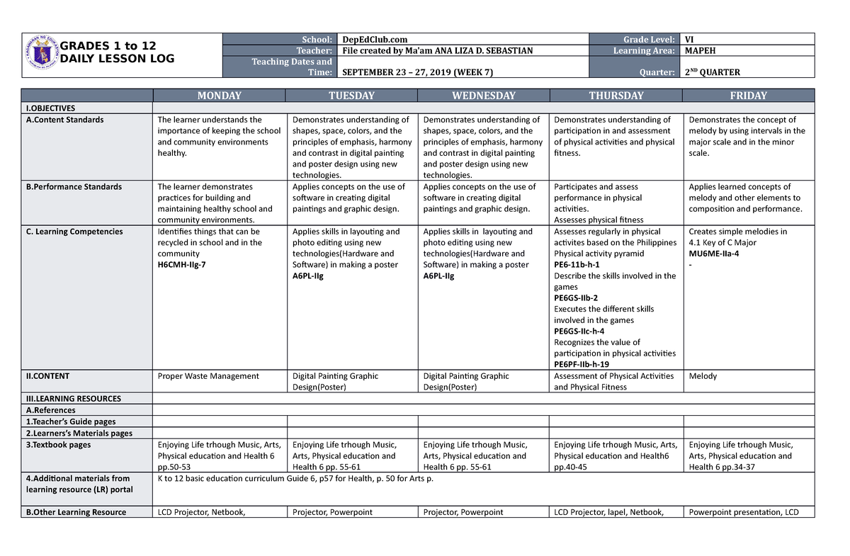 DLL Mapeh 6 Q2 W7 - Just as an example of daily lesson log - GRADES 1 ...