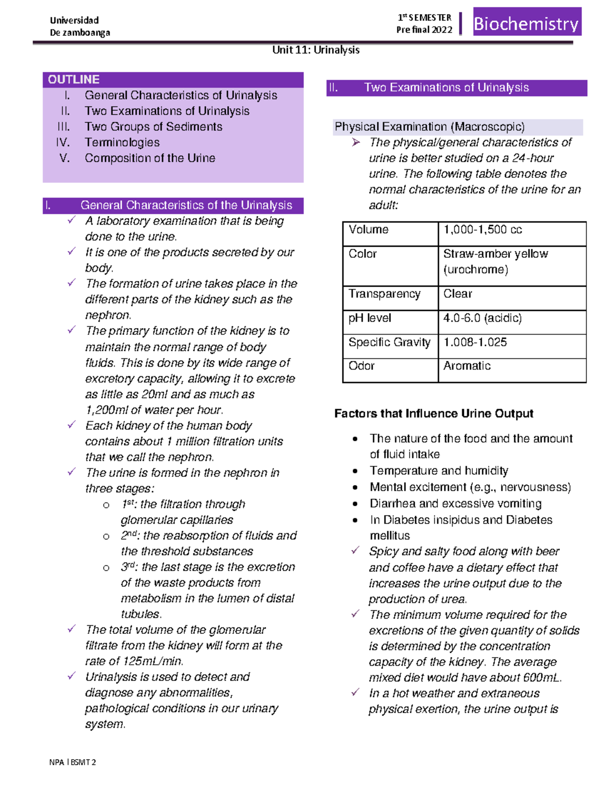 URINALYSIS SUMMARY L Unit 11 Urinalysis NPA BSMT 2 1 st SEMESTER