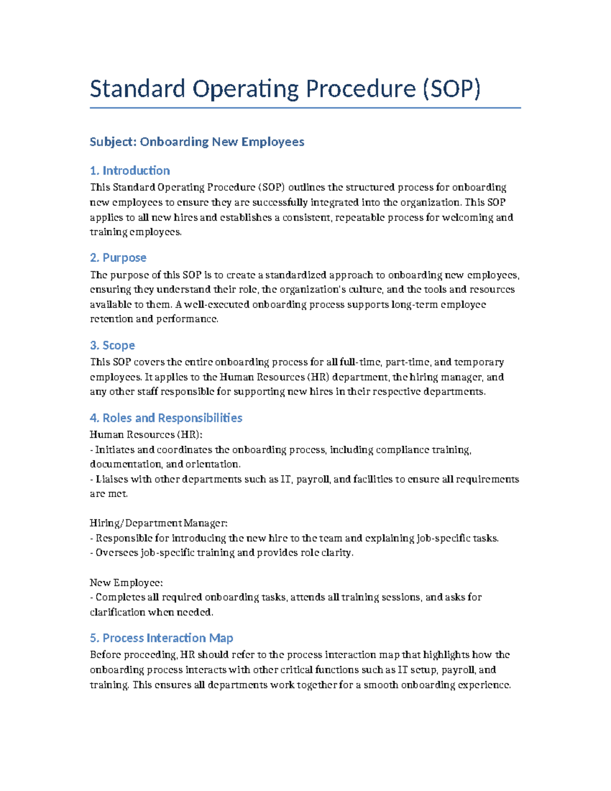 Three Page Onboarding New Employees SOP - Standard Operating Procedure ...