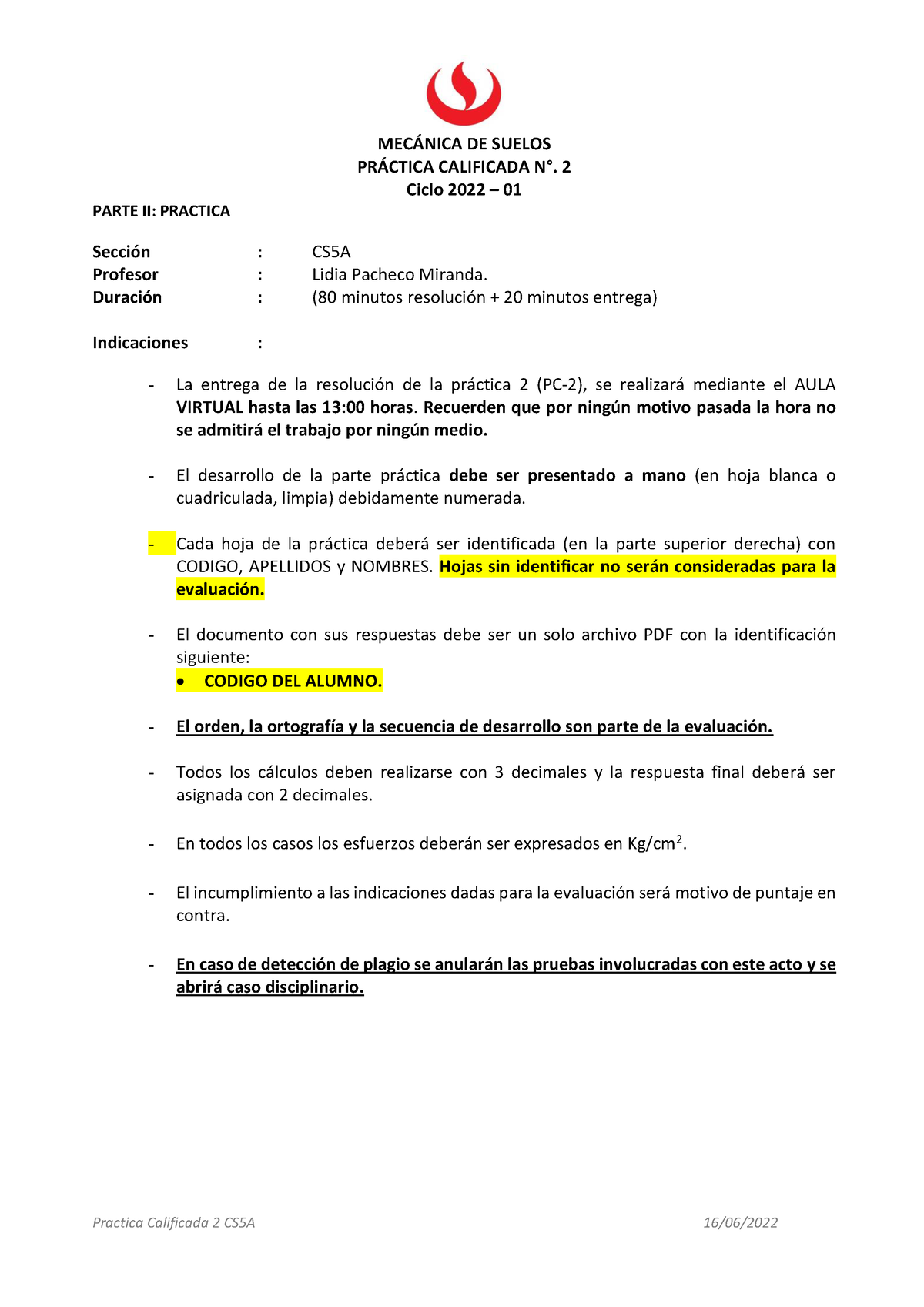 Practica Calificada N°2 CS5A(2022-1) - MEC¡NICA DE SUELOS PR¡CTICA ...