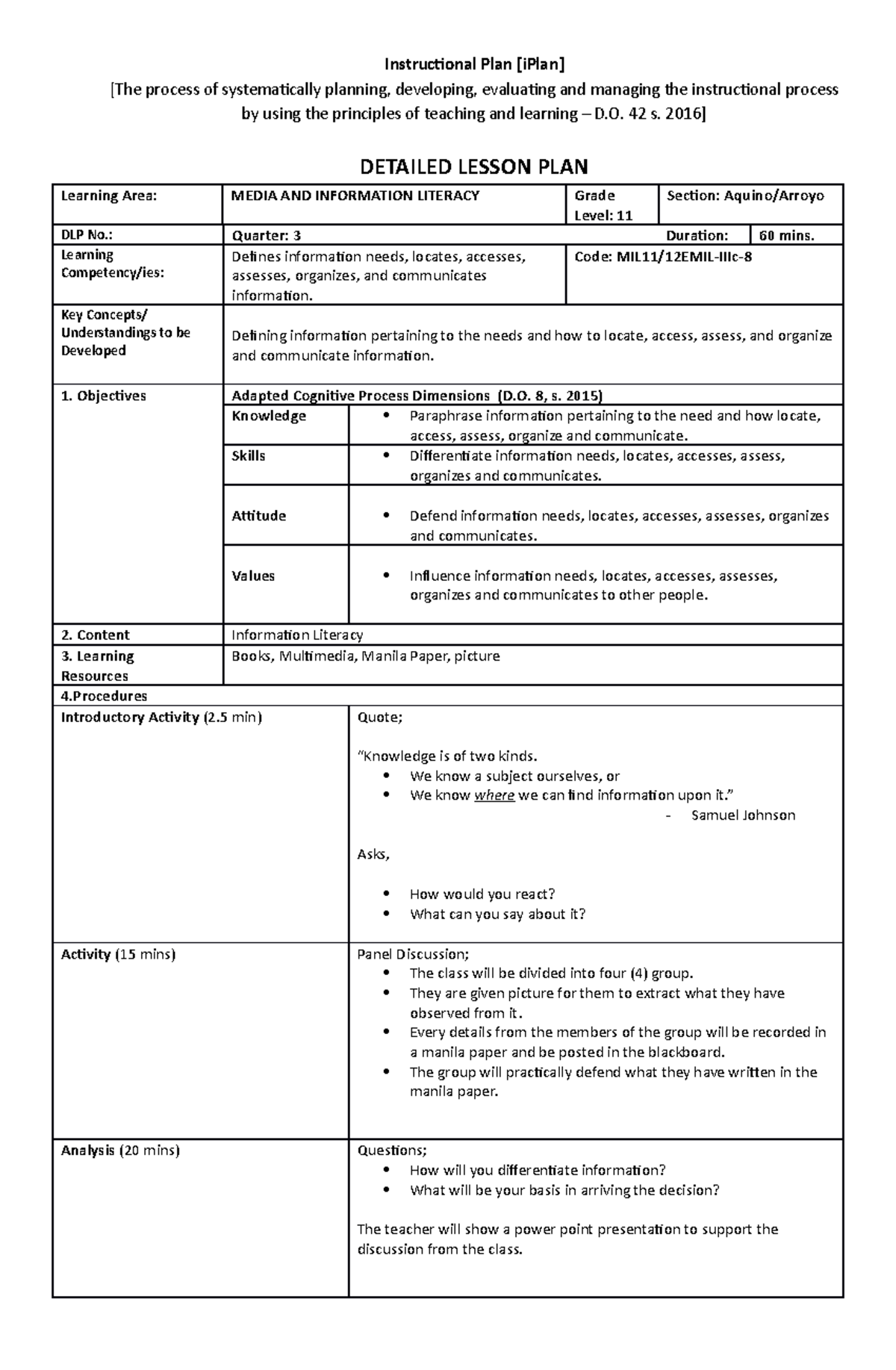 MILQ3 LC8 - Media and Informatio Literacy - Instructional Plan [iPlan ...