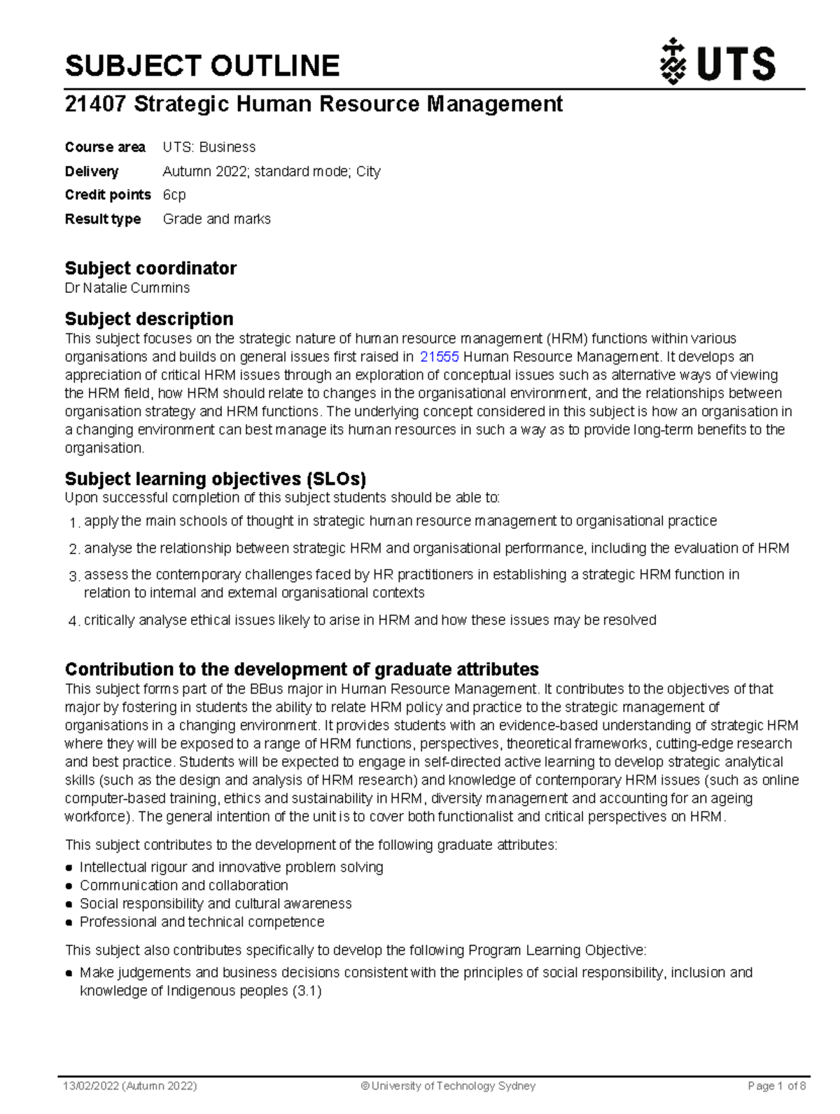 Strategic HRM Subject Outline - SUBJECT OUTLINE 21407 Strategic Human ...