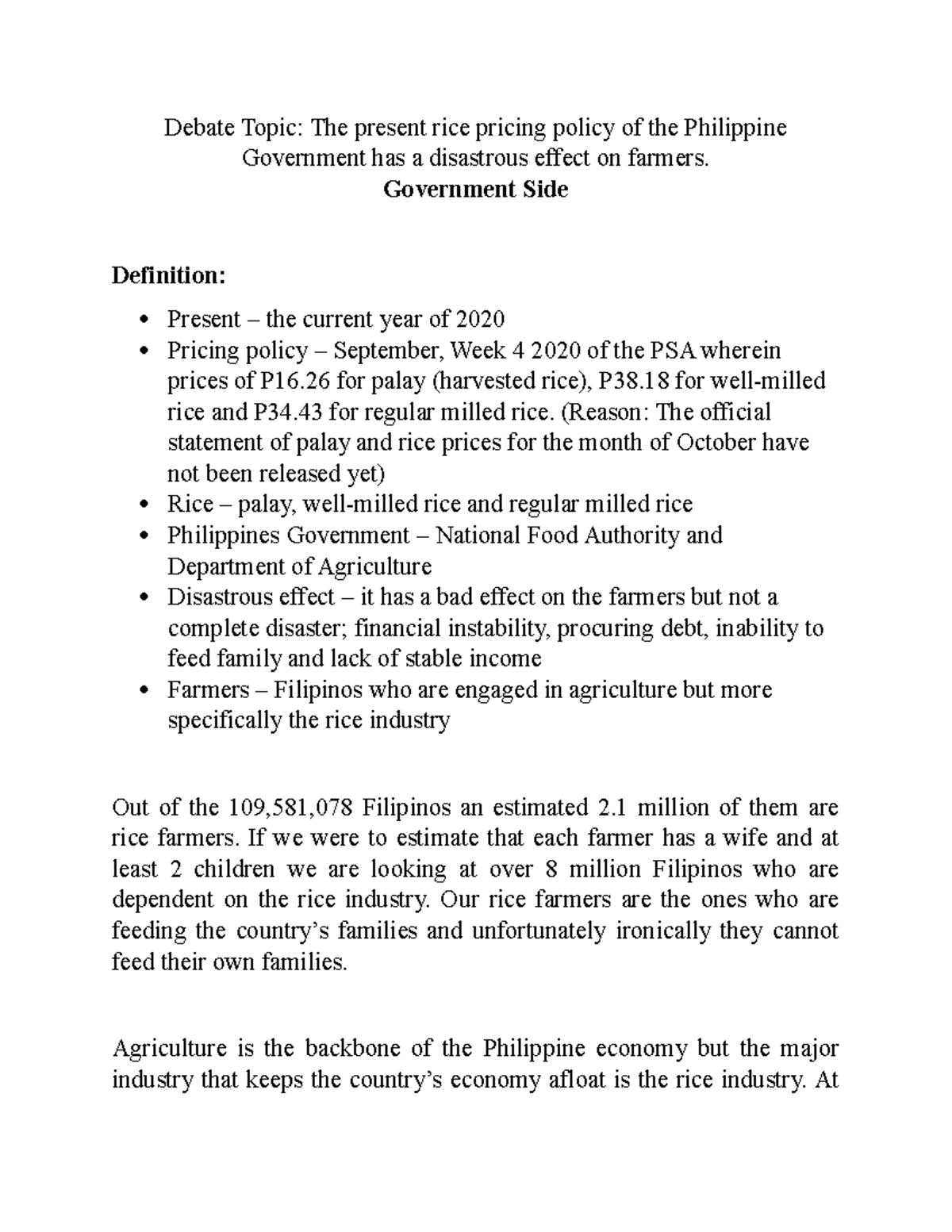 Rice Pricing is disastrous for Filipio farmers argument - Debate Topic ...