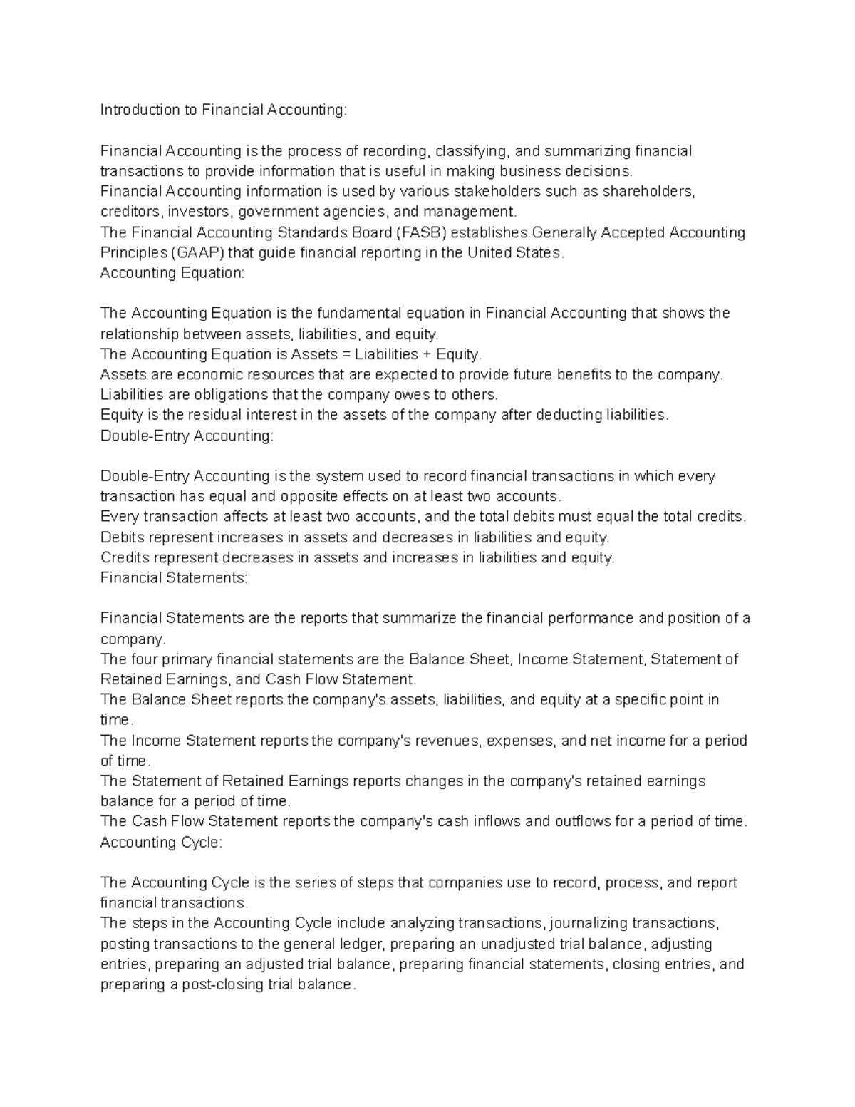 Financial Accounting (COB 241) 1 Introduction to Financial Accounting Financial Accounting