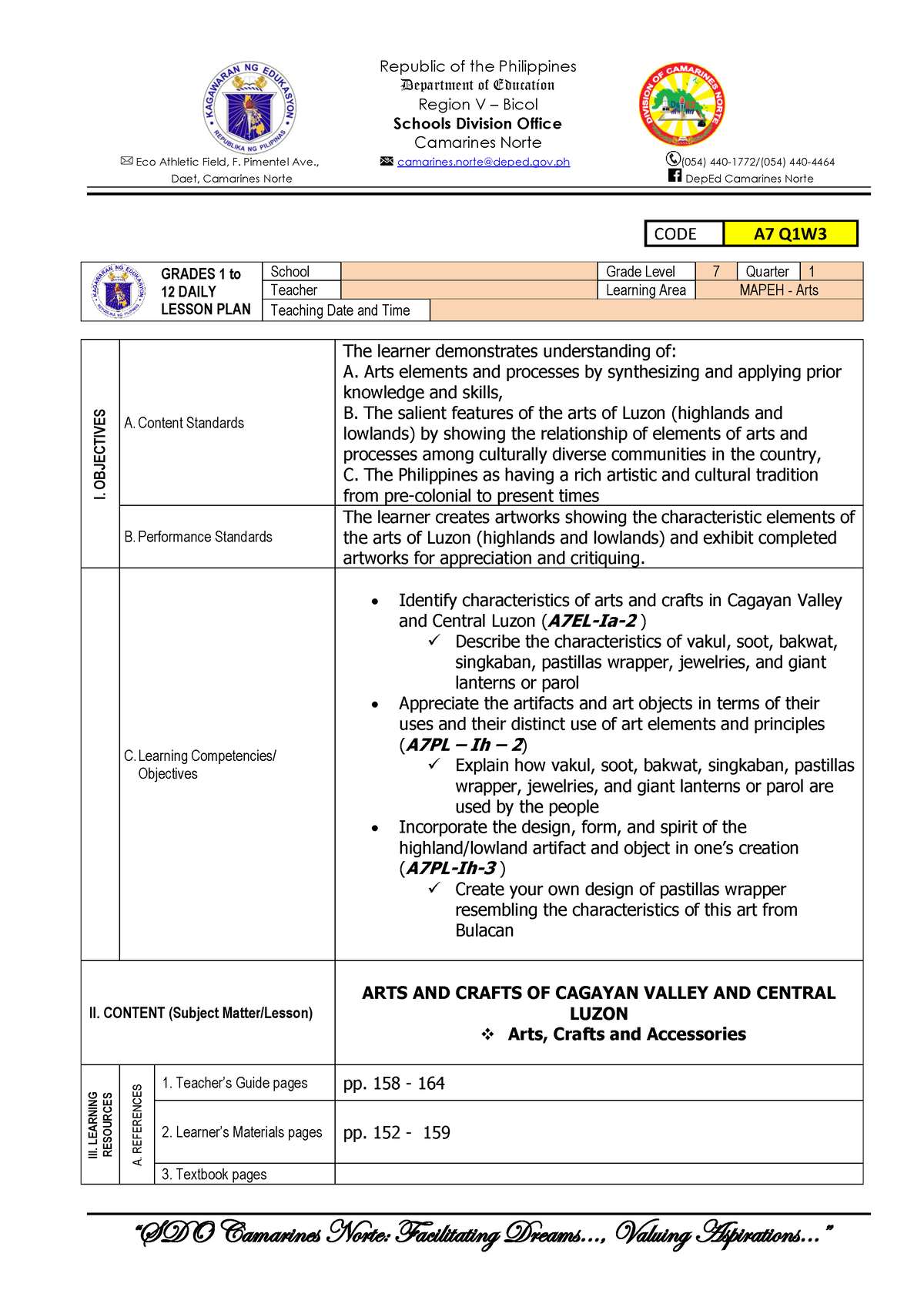 A7 Q1W3 - arts - Department of Education Region V – Bicol Schools ...