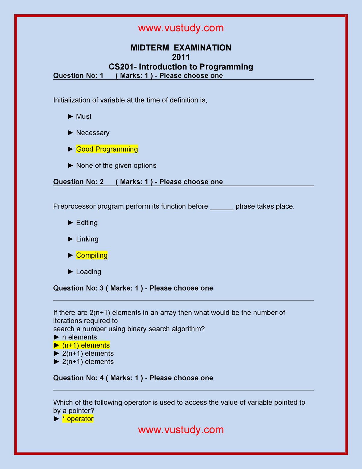 Cs201 Midterm Solved Mcqs With Reference 1 - MIDTERM EXAMINATION 2011 ...