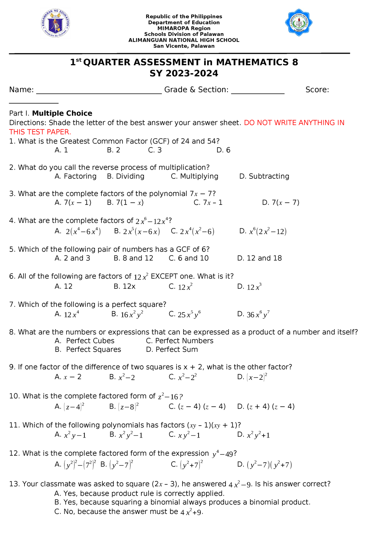 1ST Quarter Assessment G8 - Republic of the Philippines Department of ...