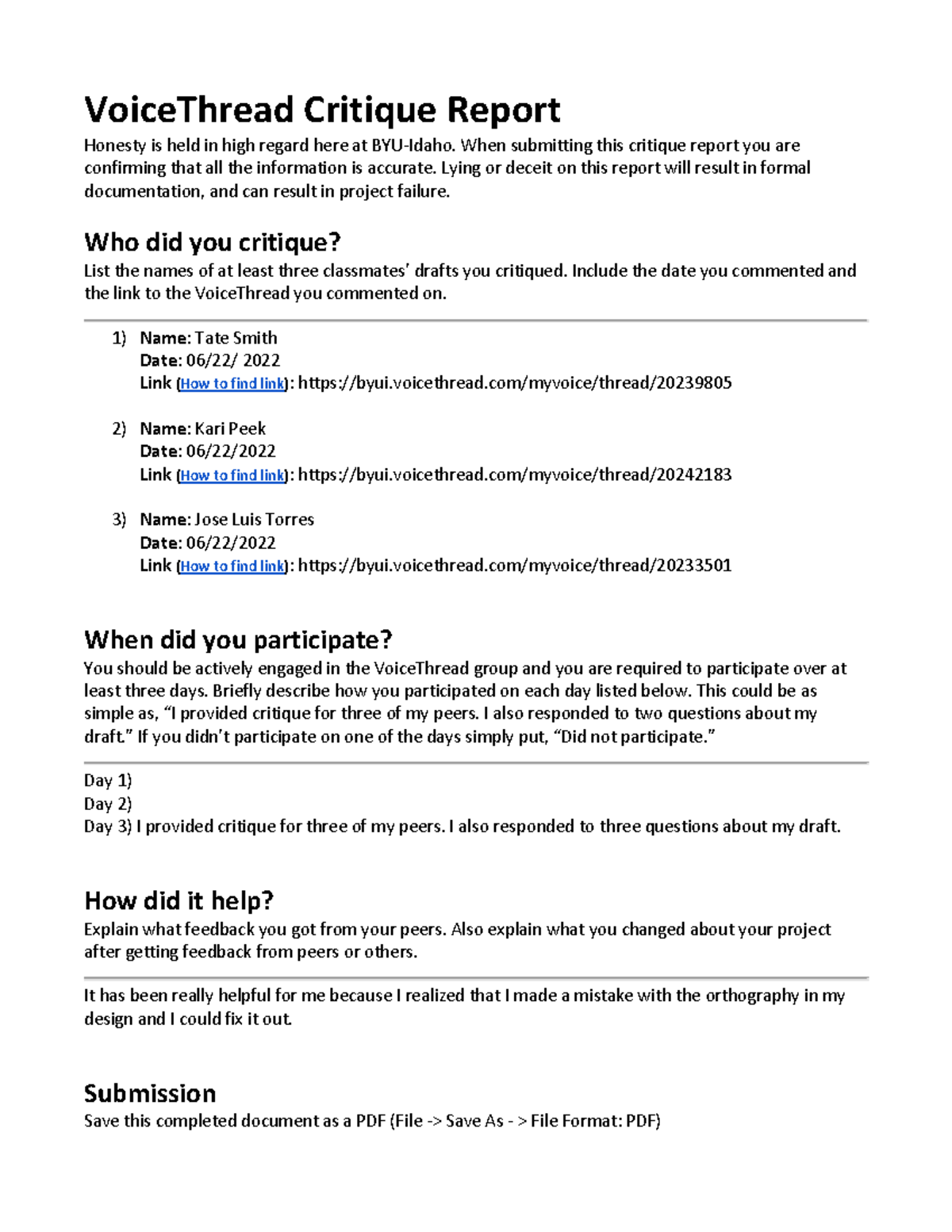 Voice Thread Critique Report - VoiceThread Critique Report Honesty is ...