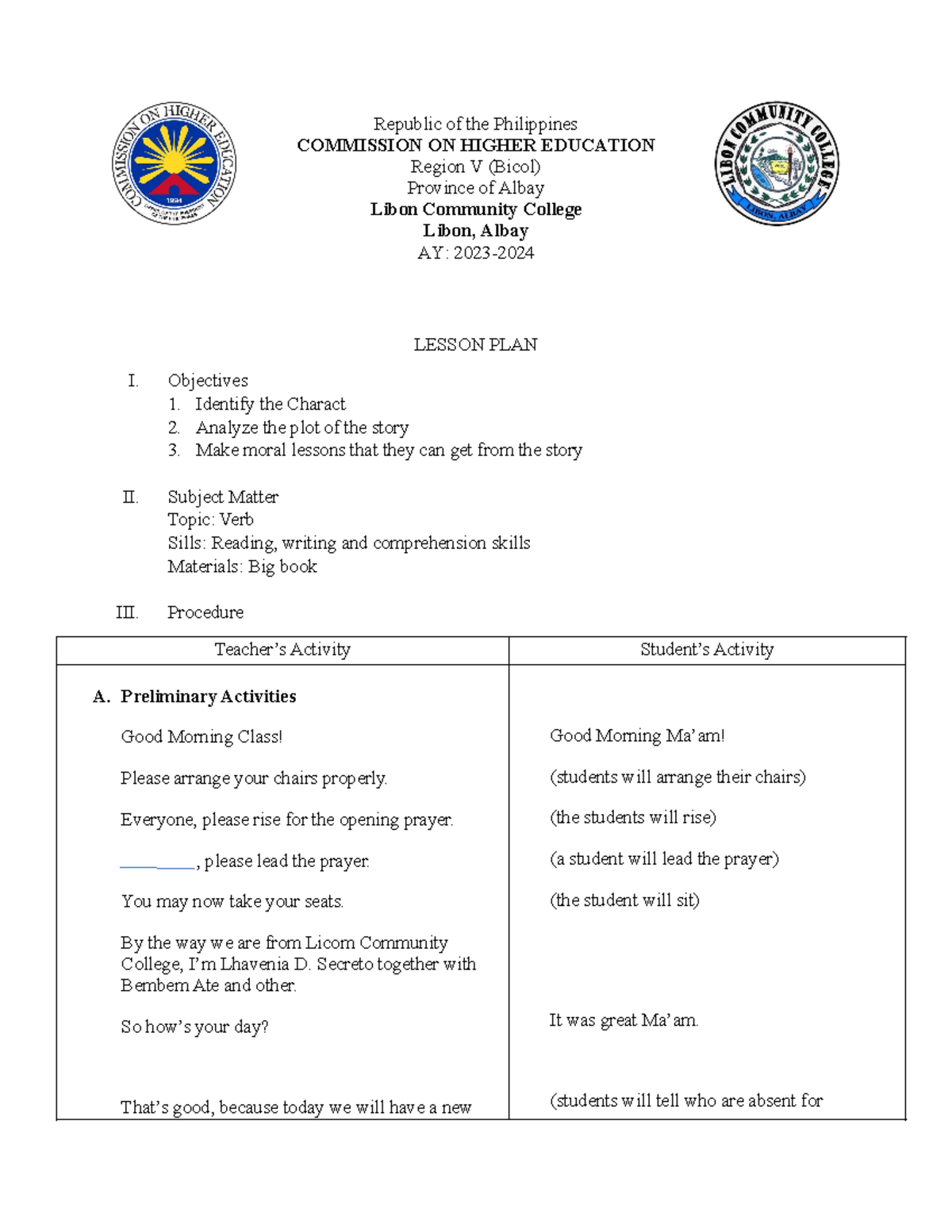 Lesson PLAN OF Group 5 - This serves as a lecture note about the ...