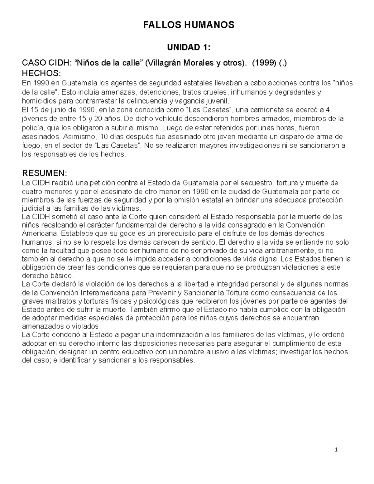 Fallos Humanos - FALLOS HUMANOS UNIDAD 1: CASO CIDH: “Niños de la calle ...