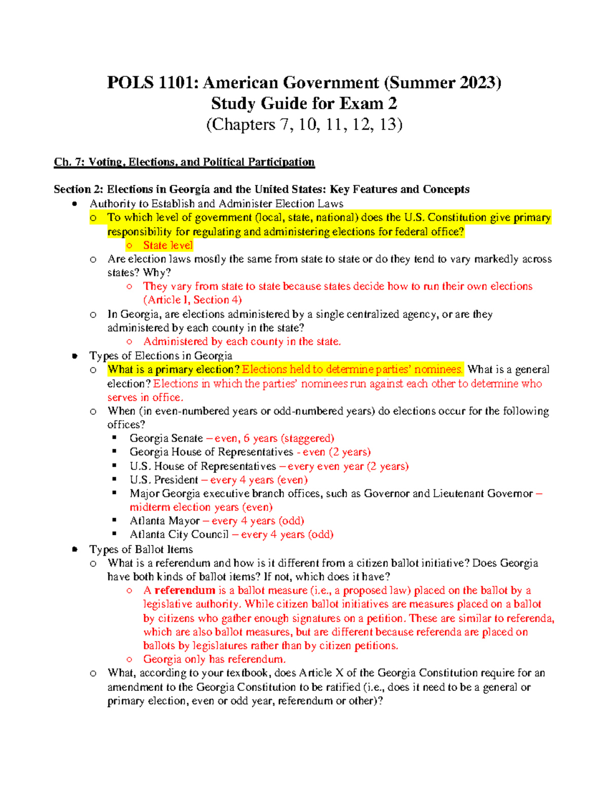 Exam 2 Study Guide SU23 - Pt1 - POLS 1101: American Government (Summer ...