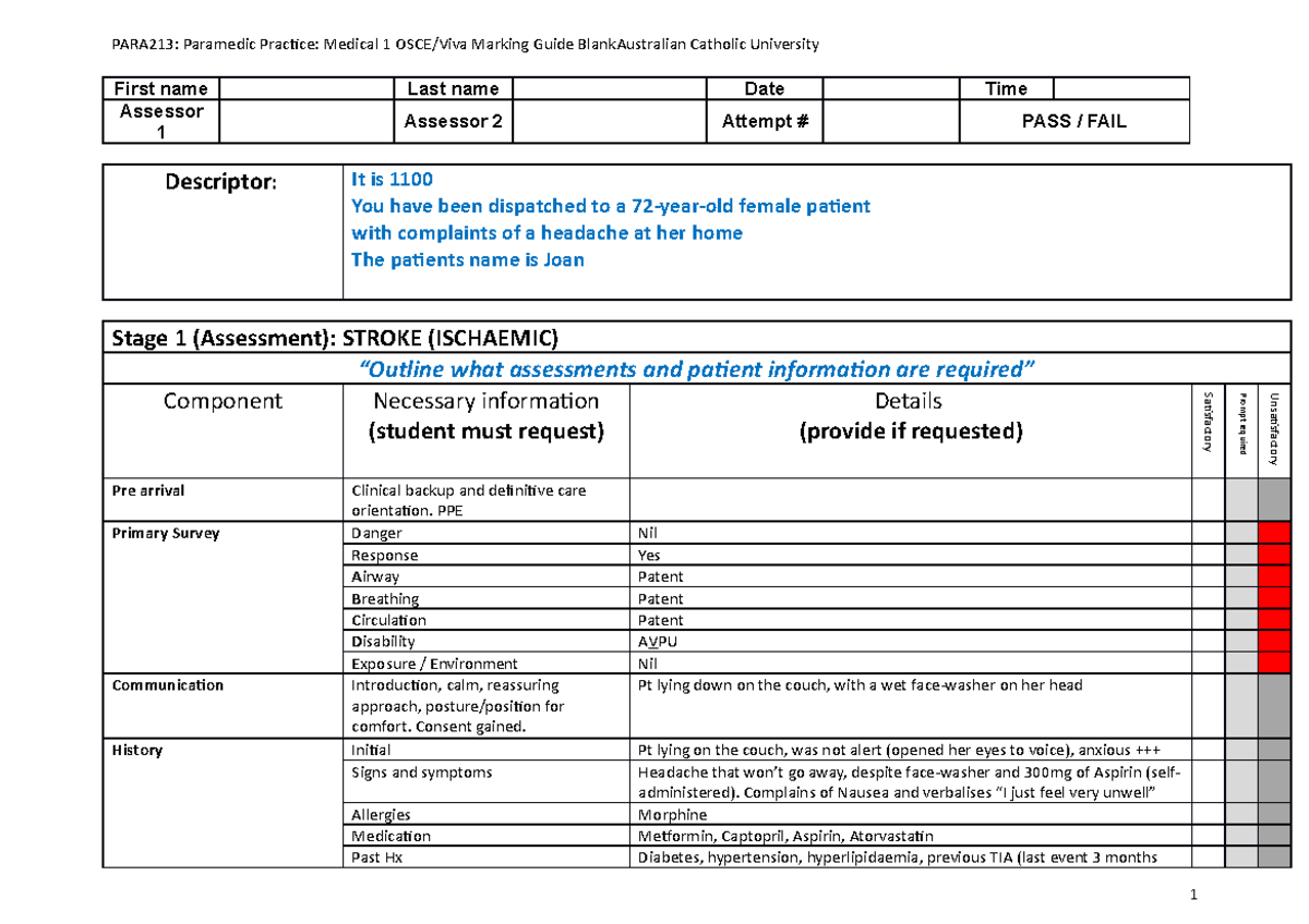 PARA213 OSCE Scenario Stroke - First name Last name Date Time Assessor ...