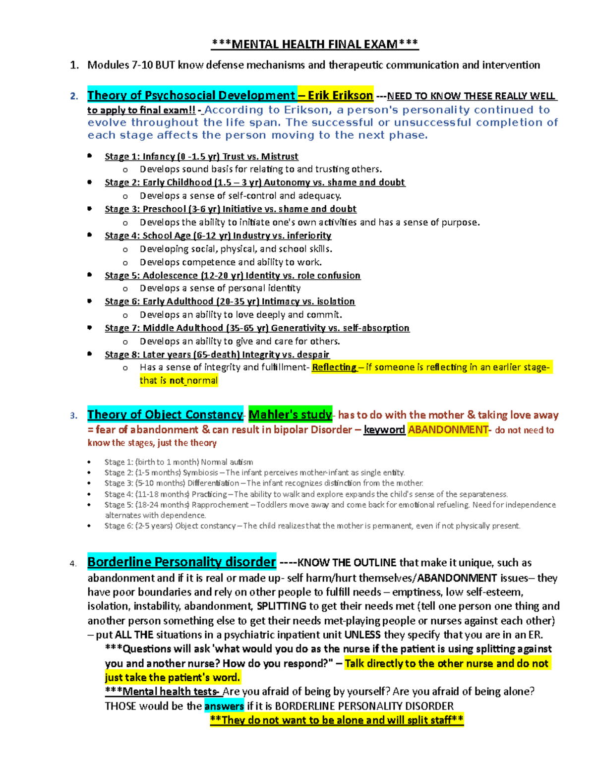 Mental Health Final Exam Study Guide - MENTAL HEALTH FINAL EXAM 1 ...