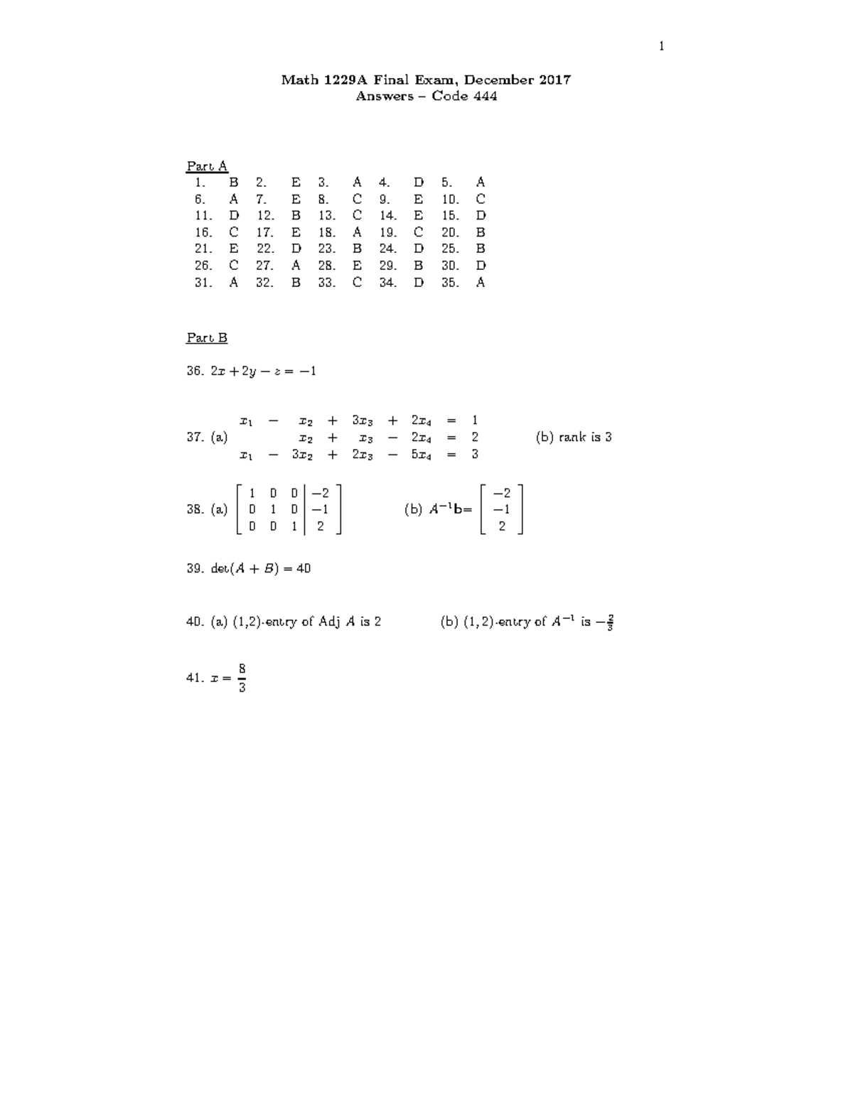 Exam, questions and answers - 1 Math 1229A Final Exam, December 2017 ...